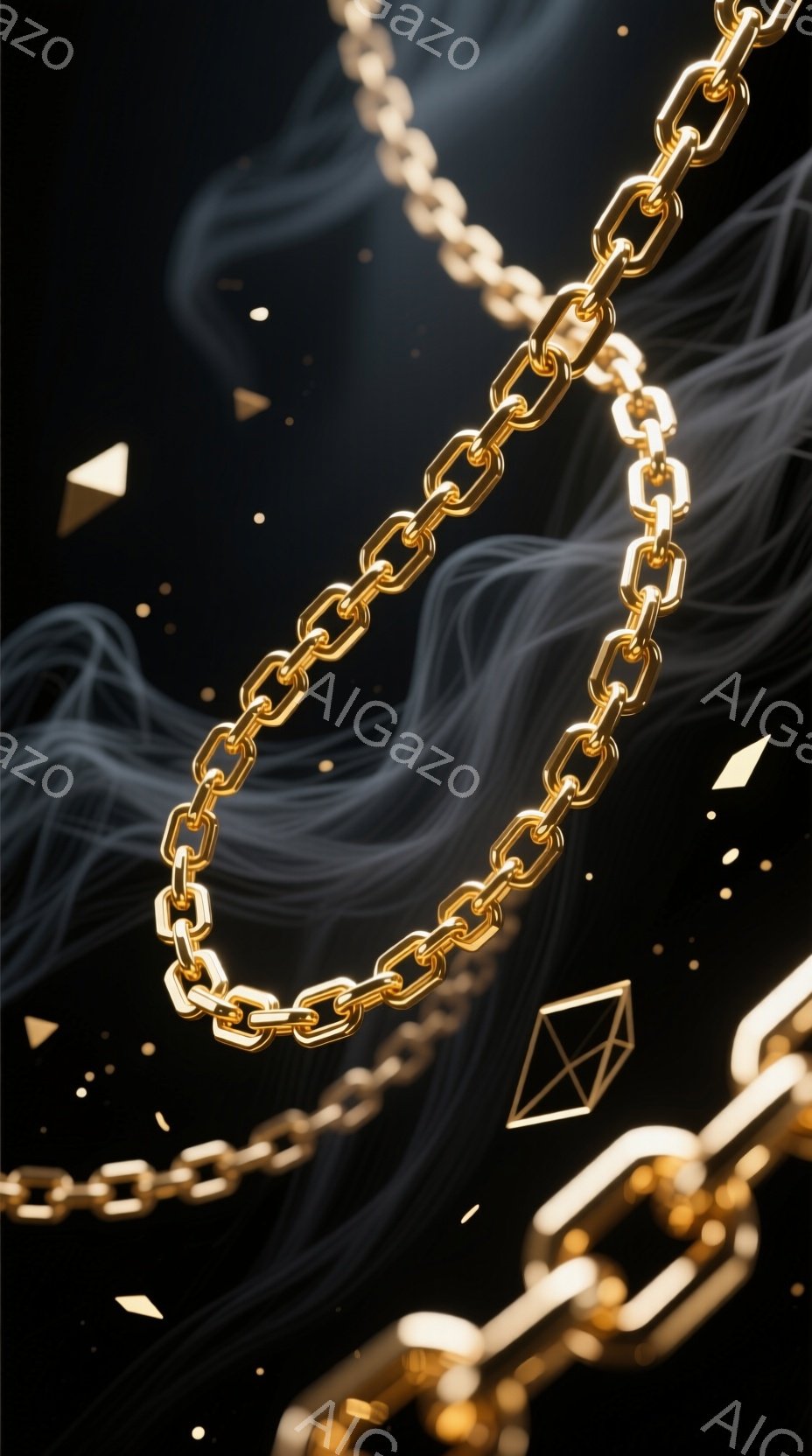 画像には、黒い背景に浮かぶ金色のチェーンが描かれています。チェーンは光沢があり、複雑に絡み合い、幾何学的な金色の図形が散りばめられています。暗く神秘的な雰囲気が漂い、流れるような白い線が空間を彩っています。