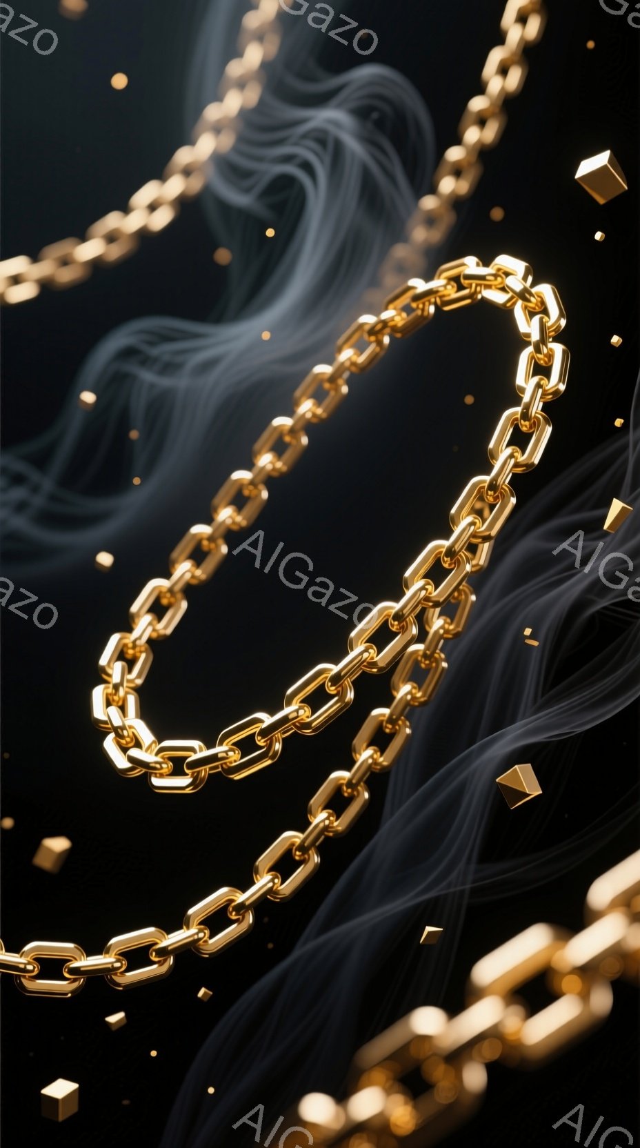 画像は、暗い背景に浮かぶ金色の太いチェーンが特徴的です。チェーンは空中に漂い、小さな金色の立方体が散りばめられた幻想的な空間にあります。流れるような黒い煙がチェーンの周りを覆い、重厚感と神秘的な雰囲気を醸し出しています。