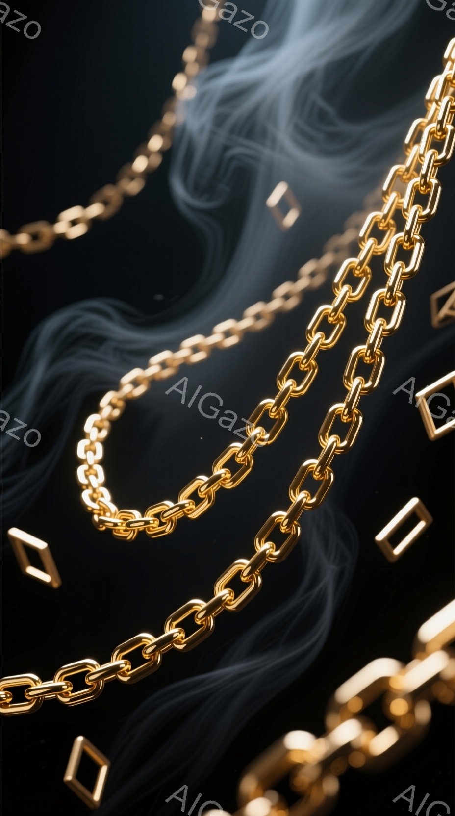 鮮やかな黄金色のチェーンが、黒い渦巻く背景の中で浮遊している様子が描かれています。チェーンは異なる太さで複数あり、光沢があり、高級感と洗練された雰囲気を醸し出しています。背景は抽象的で、まるで煙や雲の - AI生成フリー素材