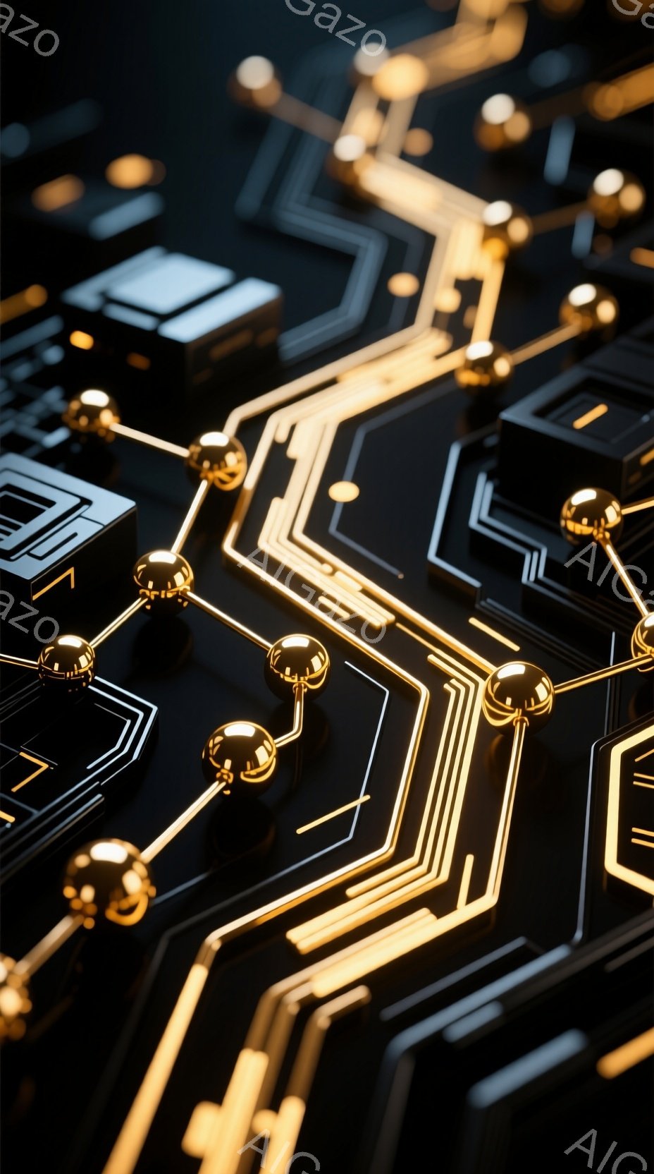 鮮やかな金色の線が複雑に絡み合い、まるで電子回路のような構造を形成しています。光沢のある球体が線路に沿って配置され、未来的な技術やネットワークを連想させます。黒い背景が金色の輝きを際立たせ、洗練された - AI生成フリー素材