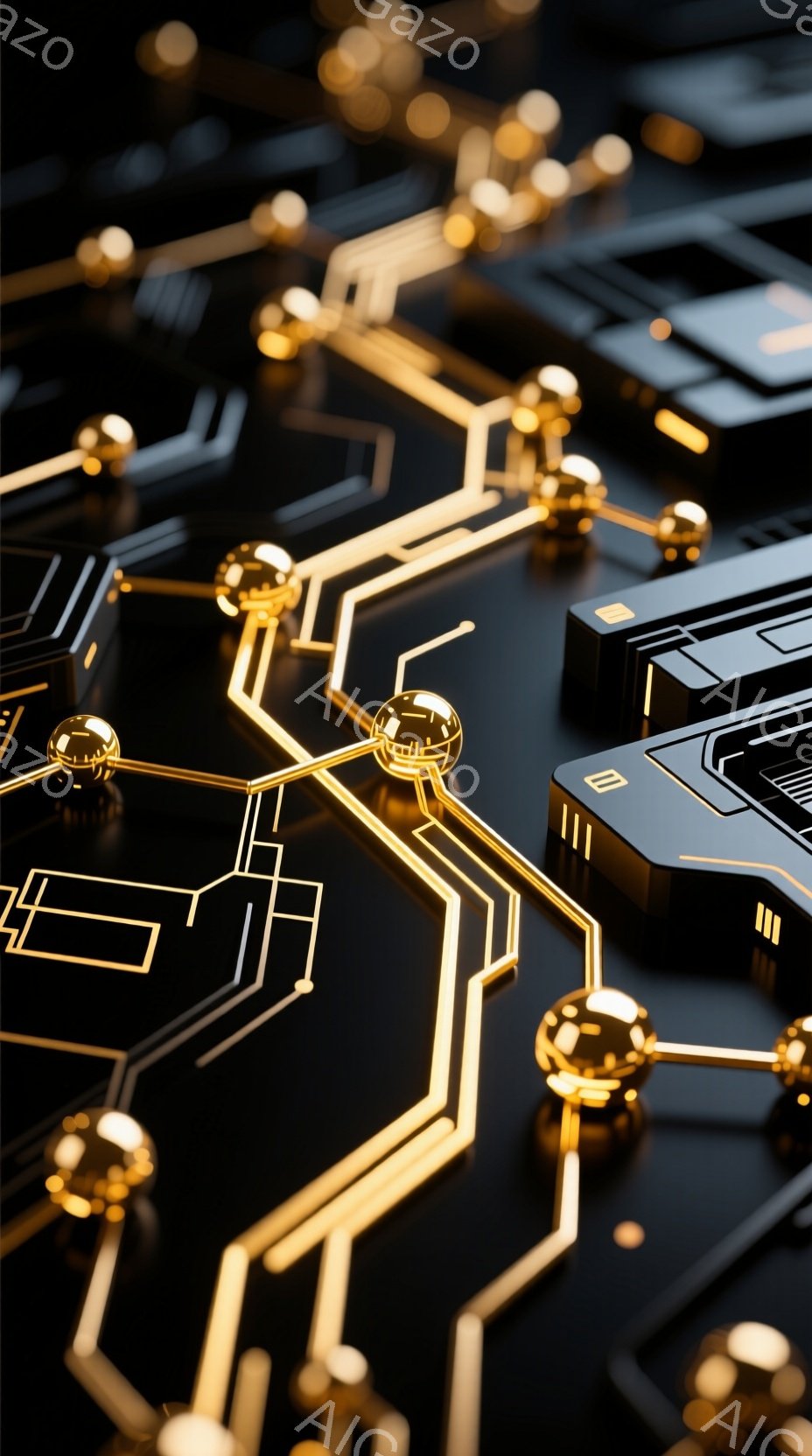 漆黒の背景に、金色の線が幾何学的な模様を描き、複雑な回路のような構造が広がっている。ところどころに配置された金色の球体がアクセントとなり、光沢感と立体感を強調している。全体的に未来的な雰囲気で、テクノロジーや科学を連想させるデザインとなっている。