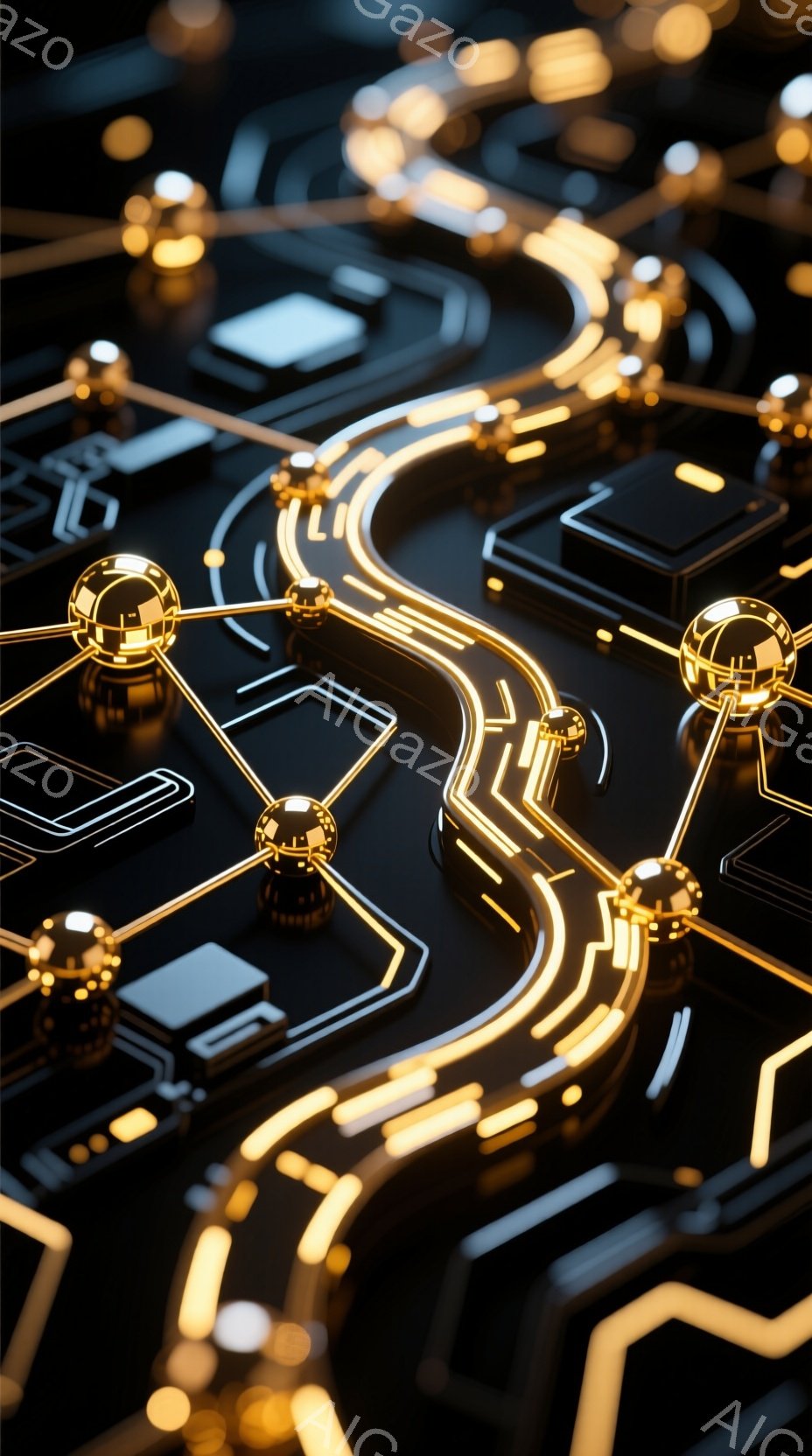 この画像は、金色の配線と接続ノードが複雑に絡み合った回路基板のクローズアップです。暗い背景に鮮やかな金色の光が際立ち、未来的なテクノロジーやネットワークの概念を想起させます。幾何学的なパターンと光の反射が、洗練された印象を与えています。