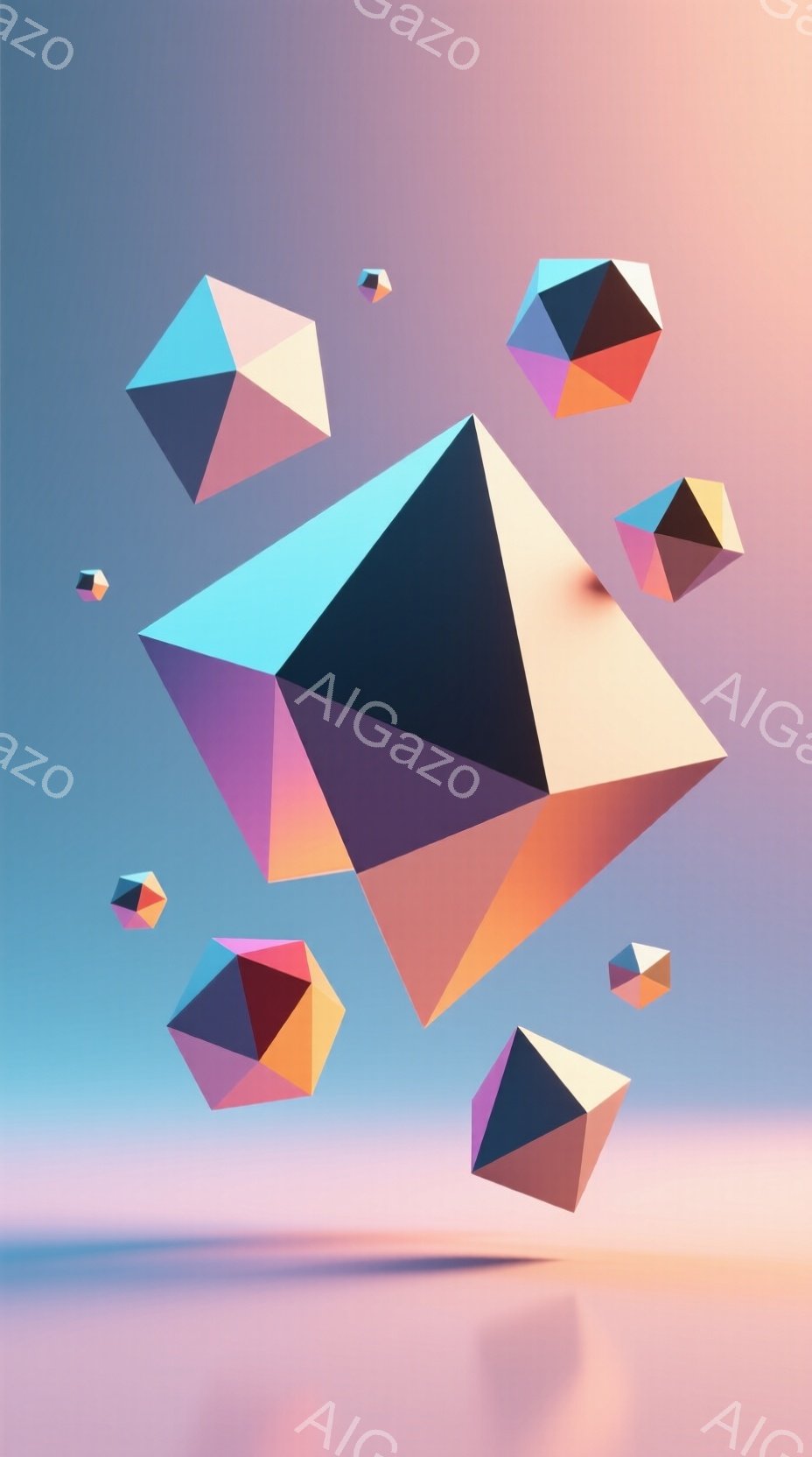 鮮やかな色彩の多面体が、ピンクとオレンジがかった背景に浮かんでいます。これらの幾何学的な形は、光沢のある表面を持ち、それぞれ異なる角度で光を反射しており、抽象的で未来的な雰囲気を醸し出しています。背景 - AI生成フリー素材