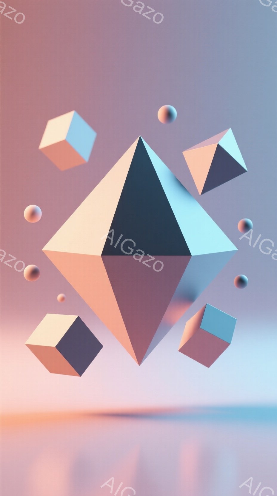 鮮やかなピンクとオレンジのグラデーションが背景に広がり、幾何学的な立体が空中に浮かんでいます。それらは立方体やピラミッドなど多様な形をしており、淡い色調で統一感があります。背景はぼやけており、光沢のあ - AI生成フリー素材