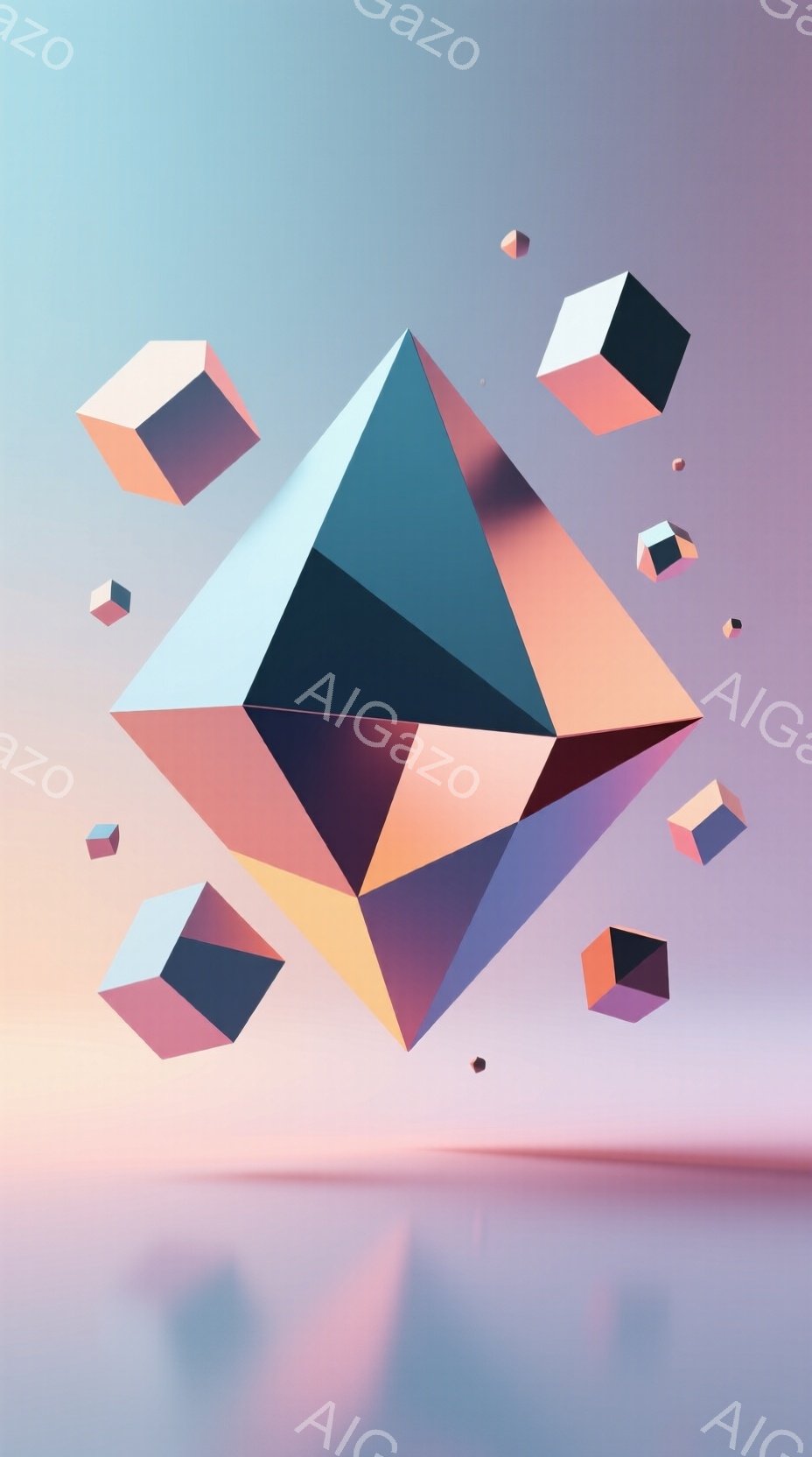 鮮やかな色彩の多面体が、空中に浮かび、まるで砕け散る結晶のようです。背景は淡いピンクとオレンジのグラデーションで、水面のような反射が穏やかな雰囲気を醸し出しています。全体的に、幾何学的で抽象的な、静謐で幻想的なイメージです。