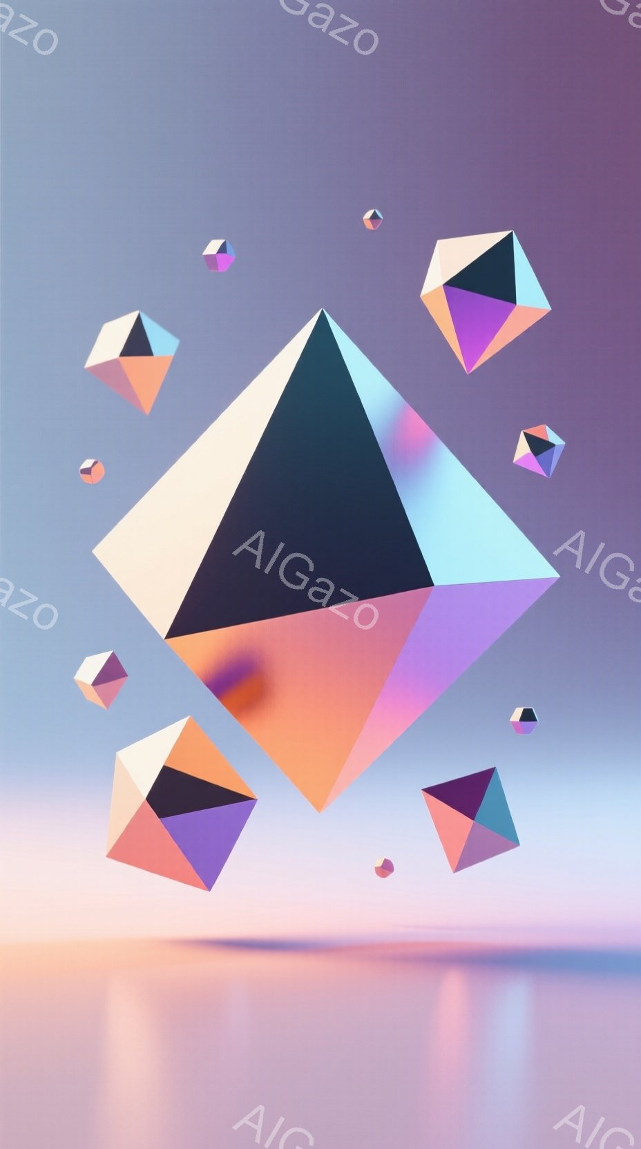 鮮やかな色彩の多面体が空中に浮かび、まるで宝石のような輝きを放っている。背景は薄いピンクとオレンジが混ざり合い、穏やかな夕焼けのようなグラデーションが広がっている。全体的に、幻想的で抽象的な、未来的な雰囲気を感じさせる。