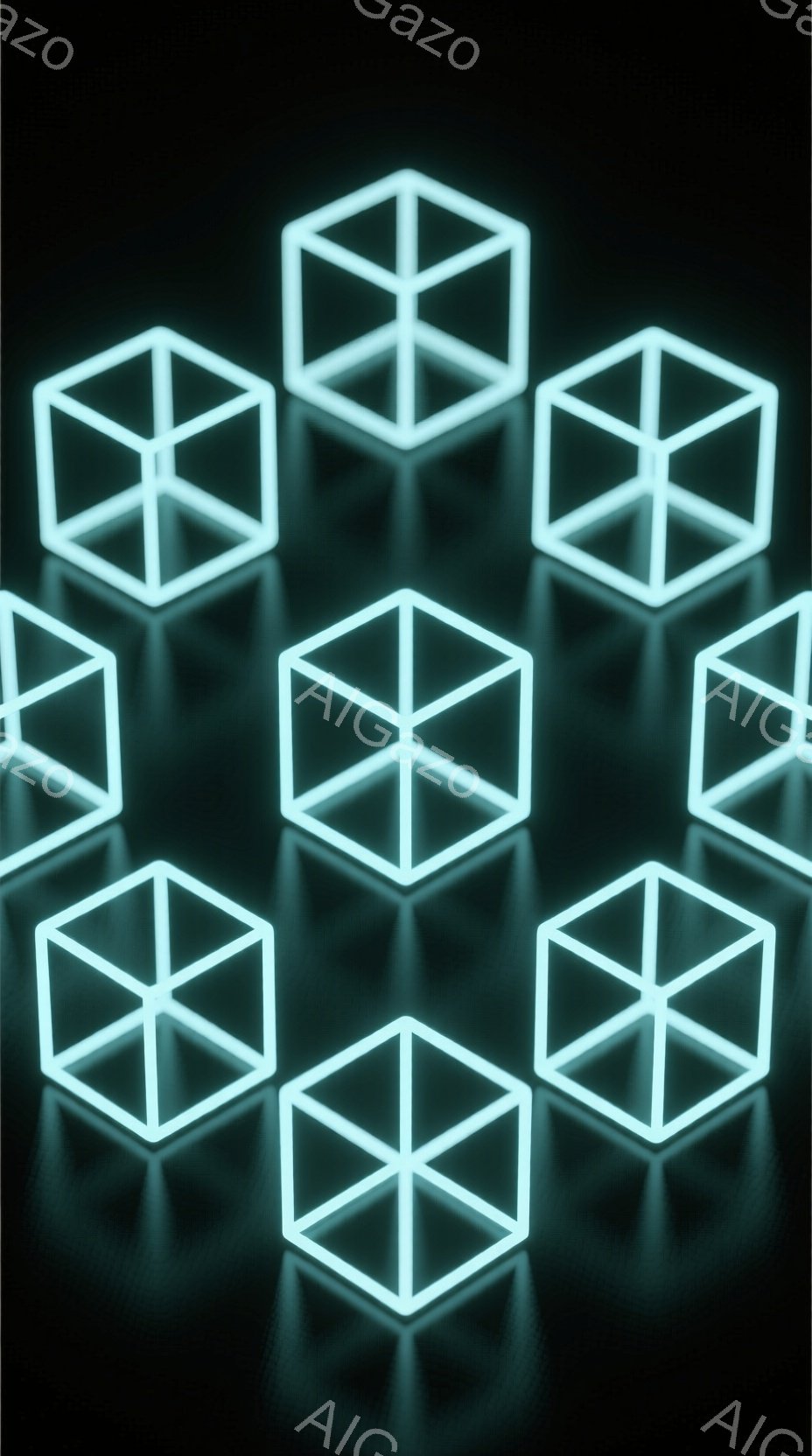 画像は、暗い背景に浮かび上がる、光る立方体の集合体を描いています。各立方体は線で構成され、その構造が強調されています。全体的に、未来的な雰囲気と、ミニマルな美しさを感じさせる表現です。