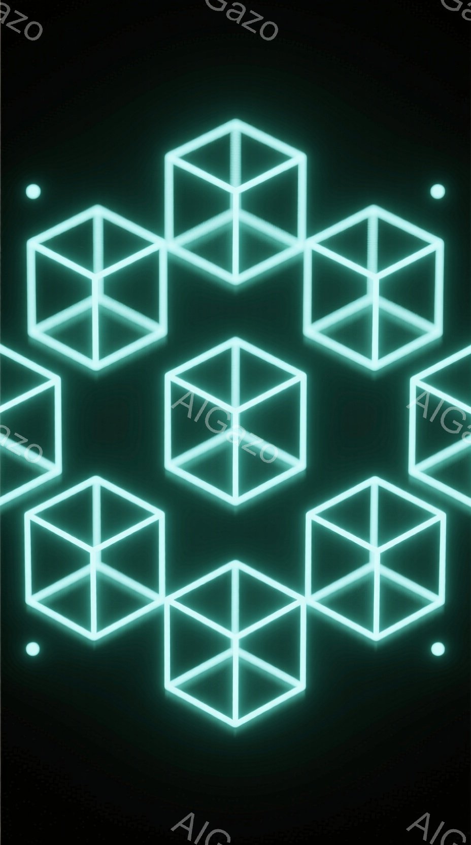 鮮やかなターコイズブルーの光る線で描かれた、等間隔に配置された立方体が多数見られます。背景は深い黒色で、立方体のみが発光しているため、まるで暗闇に浮かび上がる幾何学的な構造物のようです。全体的に、未来的でミニマルな印象を与える画像です。