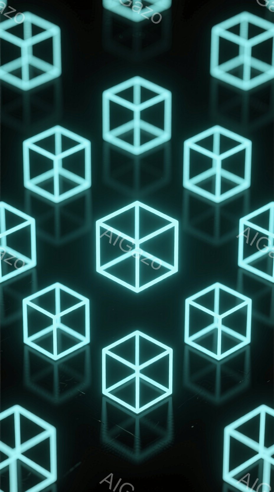 この画像は、暗い背景に、発光する青い線で構成された立方体が繰り返し配置されたものです。各立方体は、その線によって内側に交差するパターンを持ち、影が床に投影されています。全体として、未来的なテクノロジーやデジタル空間を想起させるような、幾何学的で抽象的な雰囲気が漂っています。