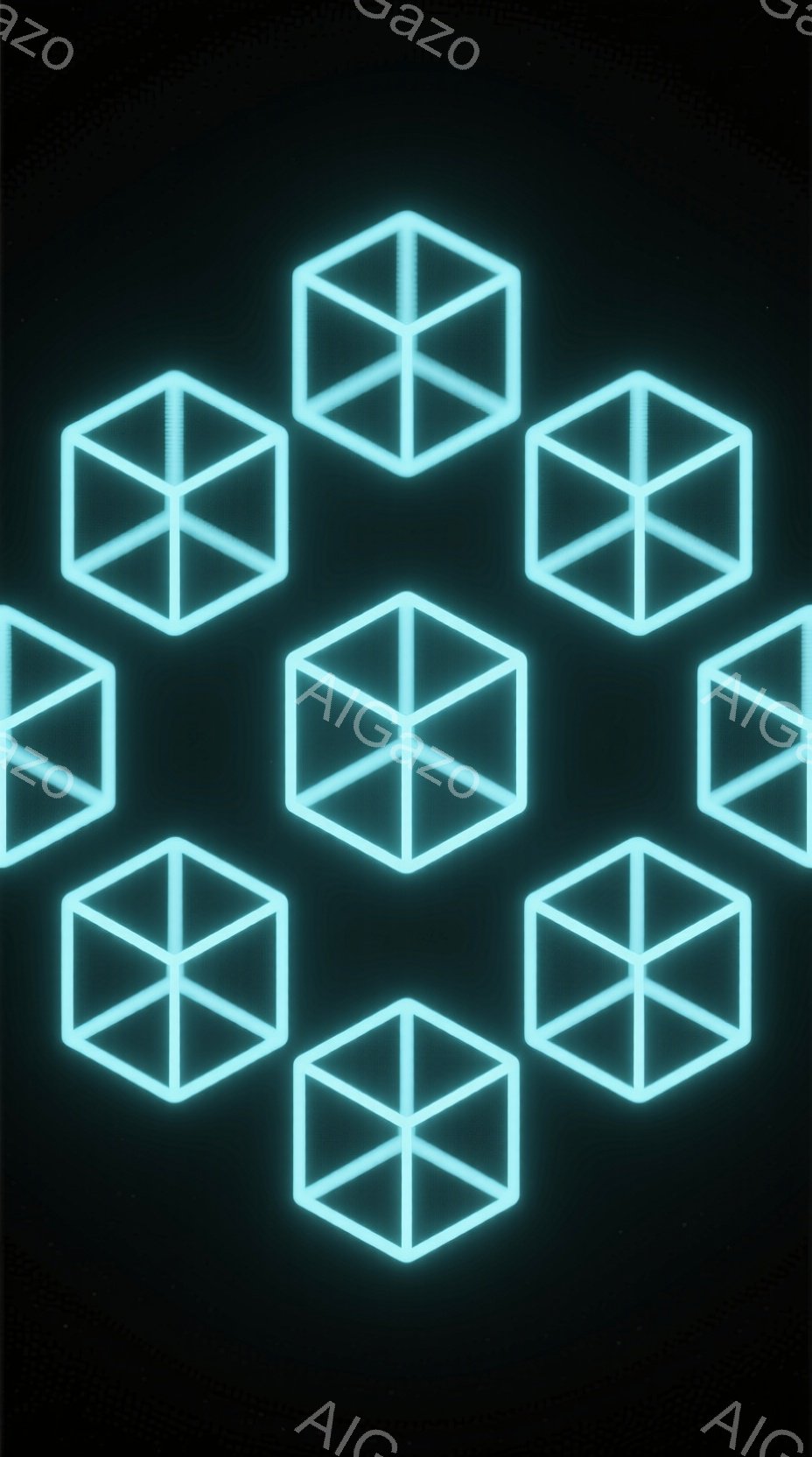 鮮やかなネオンブルーの線で描かれた立方体が、黒い背景に浮かび上がっています。立方体は配置が不規則で、互いに重なり合いながら、まるで星雲のような幻想的な印象を与えます。全体的に冷たく、未来的で、どこか神 - AI生成フリー素材