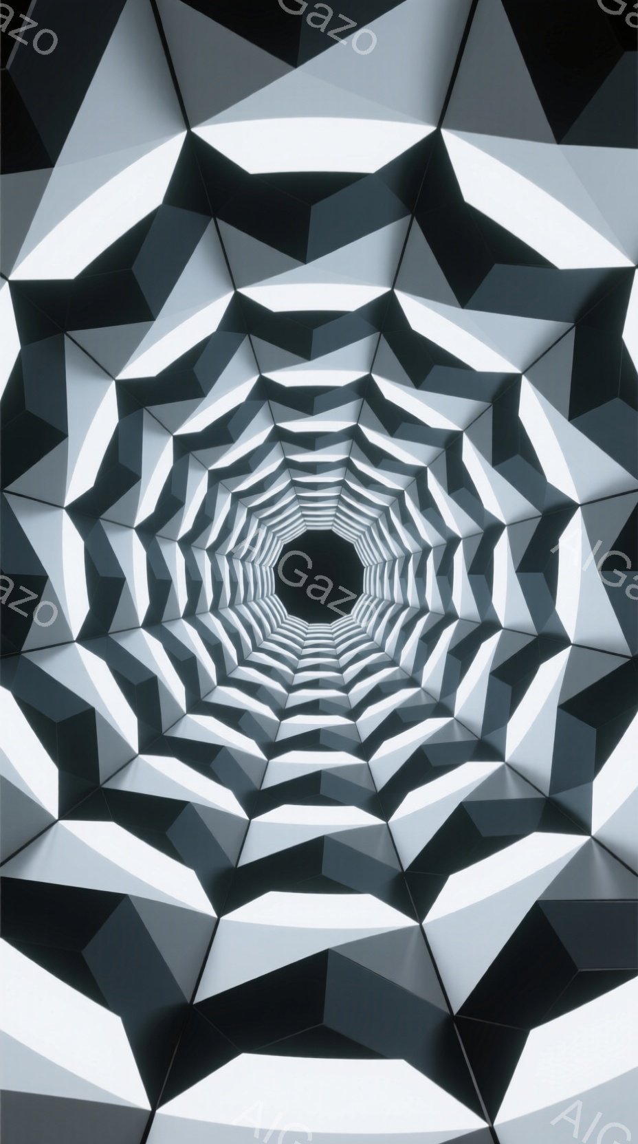 この画像は、幾何学的な多角形で構成されたトンネルのような空間を描いています。多角形は白とグレーの陰影で構成され、奥行きを強調し、無限に続くような視覚効果を生み出しています。中央には暗い穴があり、その周囲に多角形がらせん状に配置され、未来的な没入感を与えます。