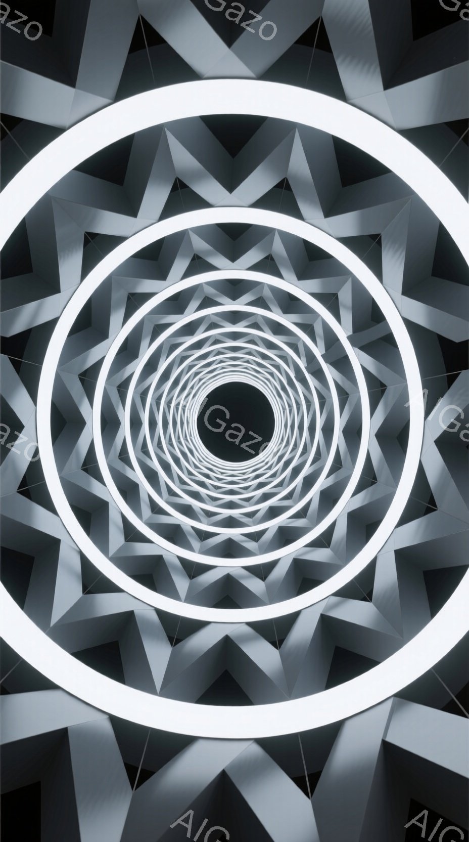 この画像は、ねじれた白い光のリングが幾重にも重なり、暗い中心に向かって渦巻く抽象的なトンネルを描写しています。光のリングは、影を落としながら鋭い三角形の幾何学模様を形成し、奥行きと無限の感覚を生み出しています。全体的に、未来的な雰囲気と、空間の歪みを強調する視覚効果が印象的です。