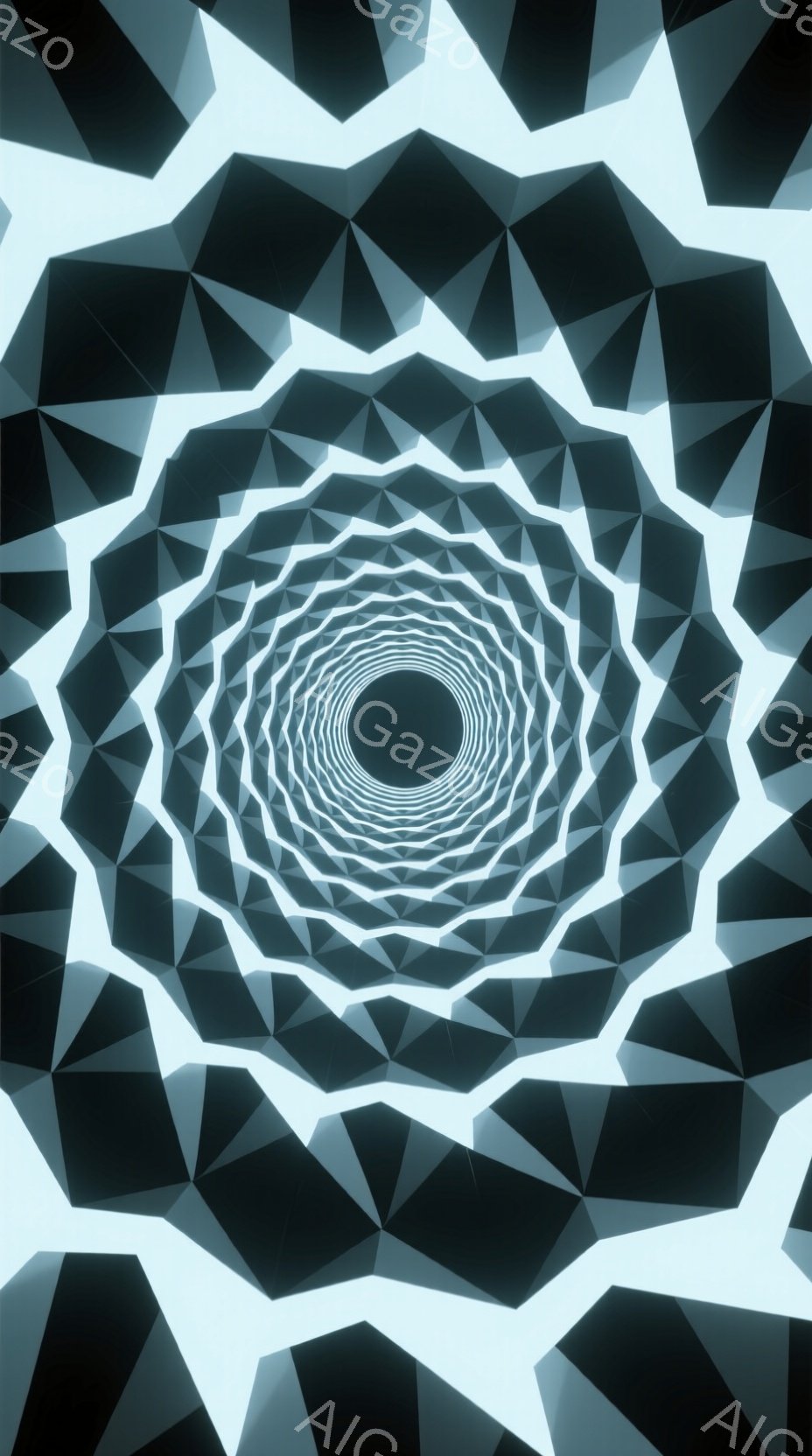 この画像は、中心に向かって収束する幾何学的なトンネルを描写しており、多角形の層が繰り返され、奥行きと無限の感覚を生み出しています。明るい水色と濃い灰色が交互に配置され、視覚的なリズムを作り出し、中央の暗い円は、まるで別の次元への入り口のようです。全体的に、未来的な抽象感と、引き込まれるような感覚を強く喚起するイメージです。
