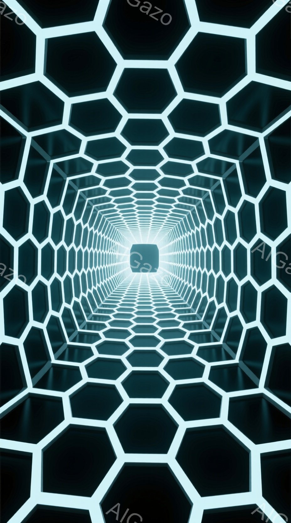 この画像は、六角形のタイルが無限に続くトンネルのような空間を描いています。明るい白の線が六角形を縁取り、奥行きのある視覚効果を生み出しています。中心部に向かって光が強くなり、未来的な抽象的な雰囲気を醸し出しています。