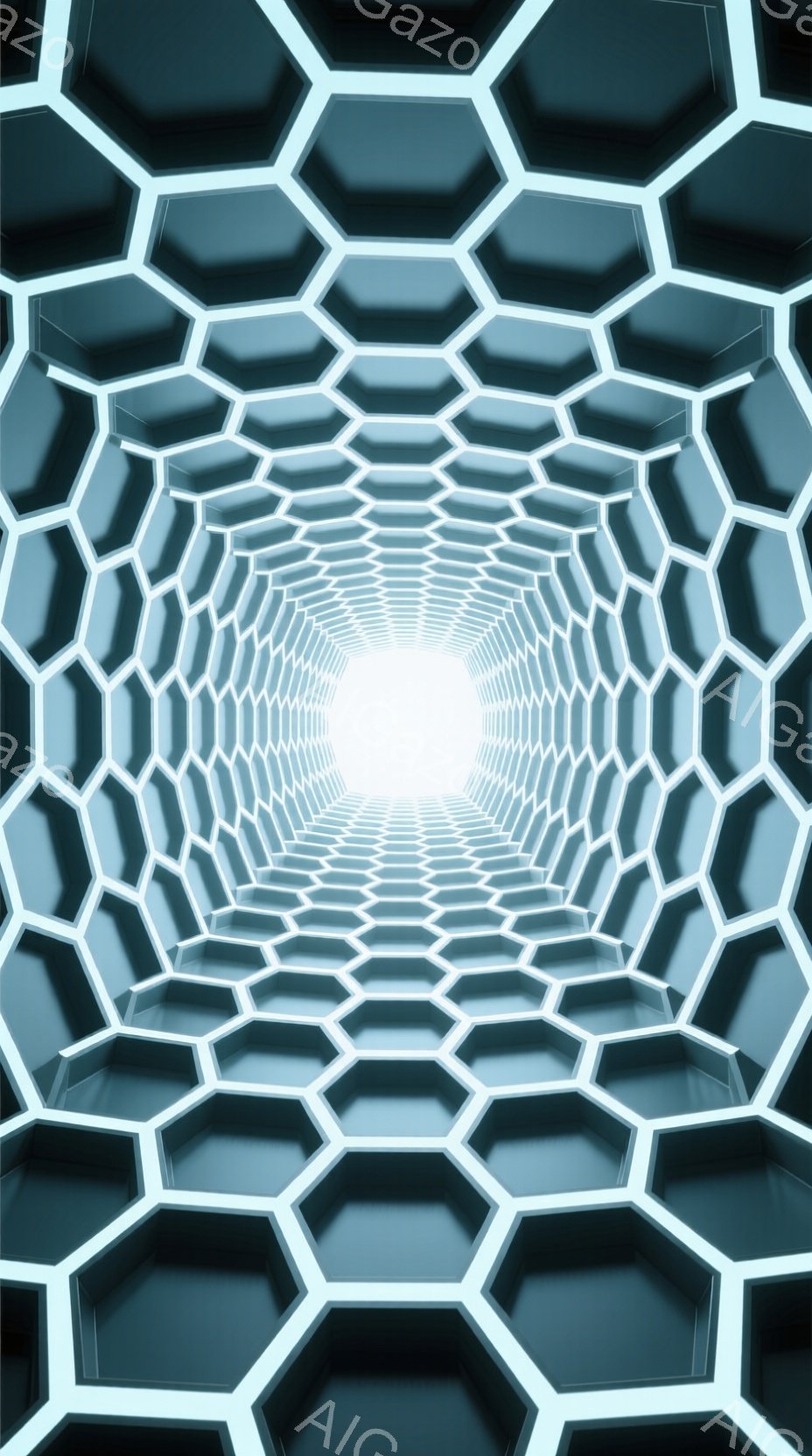 この画像は、六角形のトンネルが遠近法で描かれており、明るい光が奥へと続いています。六角形は青と白の陰影で構成され、未来的な印象を与えます。全体的に、無機質でありながらも奥行きのある、神秘的な雰囲気を醸し出しています。