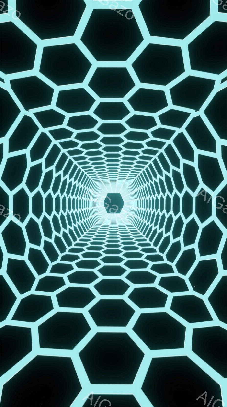 この画像は、六角形が無限に続くトンネルのような視覚的イリュージョンを描いています。明るい緑色の六角形が暗い背景に対して際立ち、奥行きと未来的な雰囲気を生み出しています。中央には明るい光が存在し、視線を - AI生成フリー素材