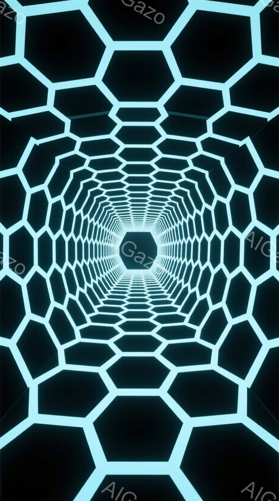 画像は、六角形のトンネルが遠近法で無限に続く、未来的な視覚効果の表現です。明るい青緑色の光が六角形の境界線を強調し、暗い背景とのコントラストを作り出しています。この幾何学的な構造は、無限の空間やデジタ - AI生成フリー素材