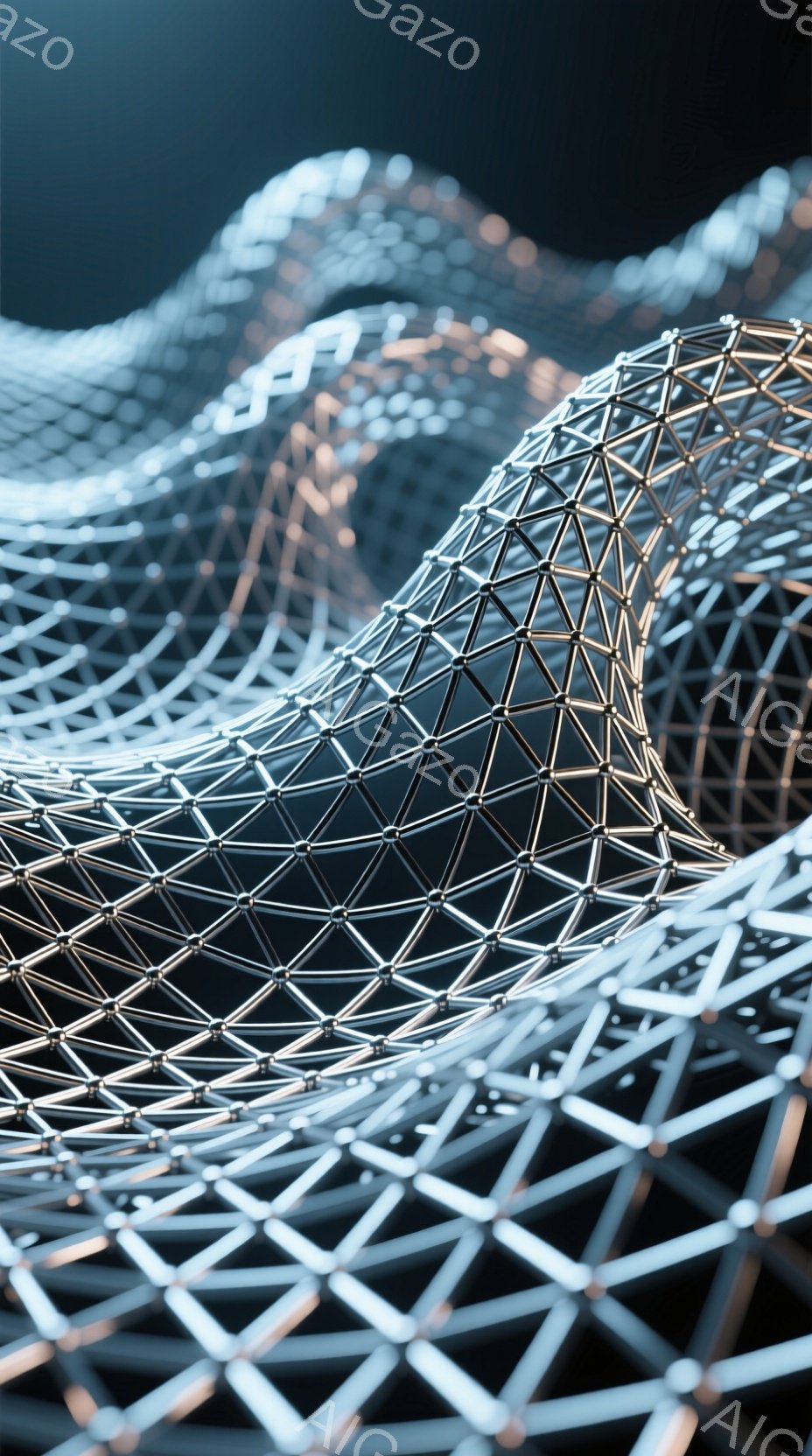 複雑な幾何学模様で構成された、光沢のある金属製の網状構造が画面を占めている。この構造は、まるで流動的なエネルギーの流れを捉えたかのような、有機的な曲線を描いており、暗い背景とのコントラストが印象的だ。 - AI生成フリー素材