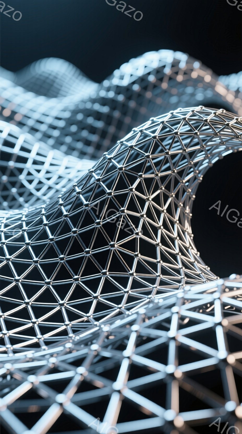 複雑な三角形の格子構造体が、暗い背景を背景に浮かび上がっている。光沢のある金属のような質感で、まるで巨大な分子モデルや建築物の骨格のようだ。その構造は複雑に入り組み、未来的な印象を与える。