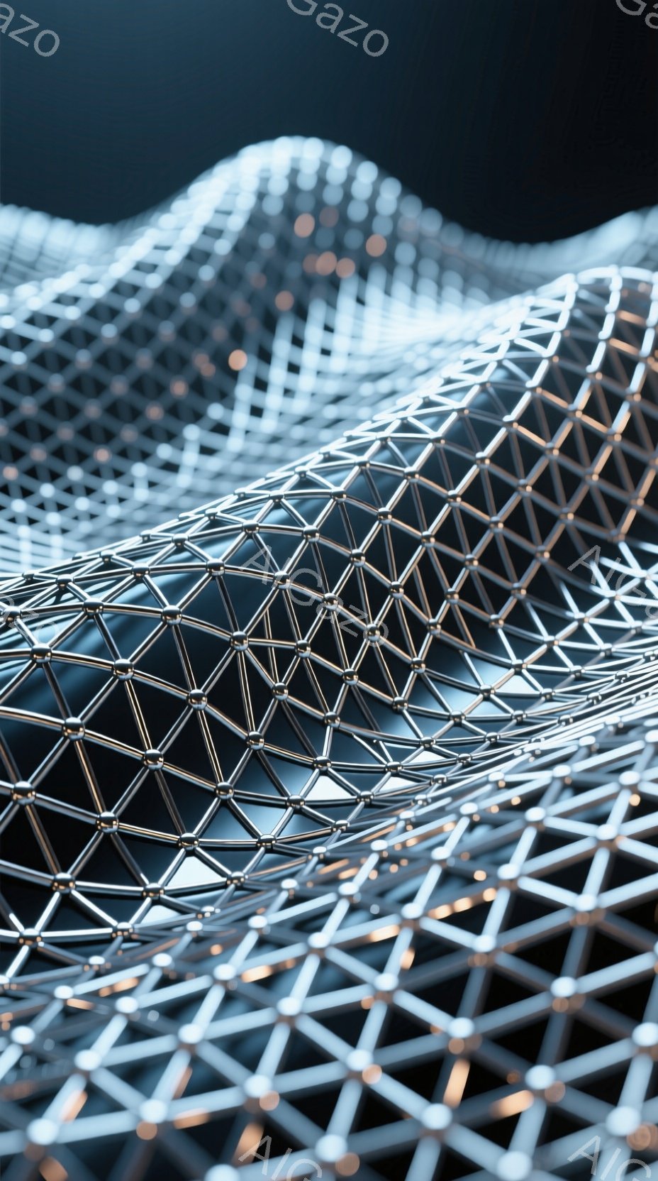 画像は、複雑な網目状の構造が、波打つように広がっている様子を捉えています。金属のような光沢のある線が細かく繋がり、まるでデジタルな地形や未来的な布地のようなテクスチャを生み出しています。背景は暗く、網 - AI生成フリー素材