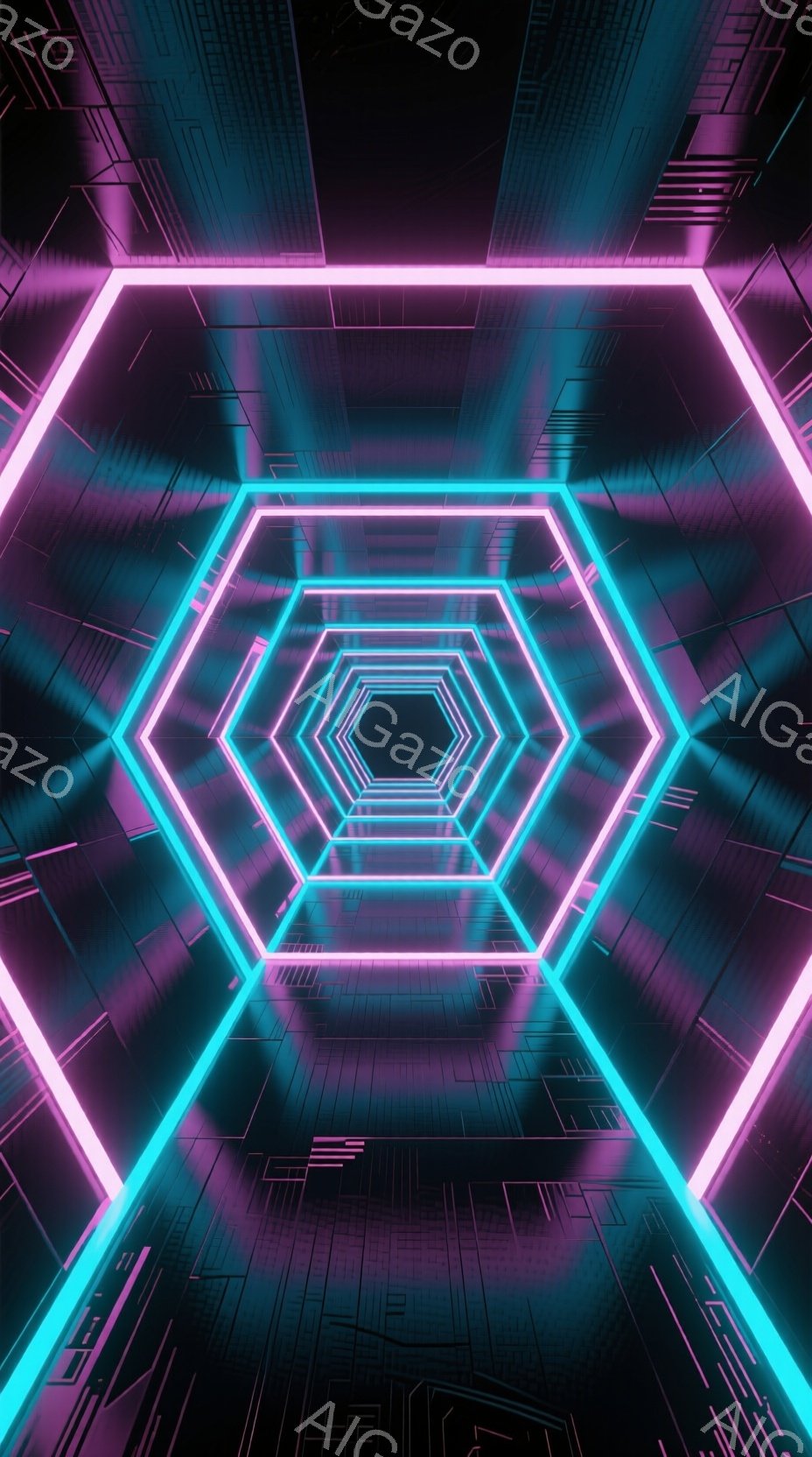 この画像は、ネオンピンクの光る六角形のトンネルが無限に続く未来的な空間を描いています。トンネル内壁は細かい回路模様で覆われ、暗い紫色の背景と鮮やかなピンク色の光のコントラストが印象的です。全体的にサイ - AI生成フリー素材