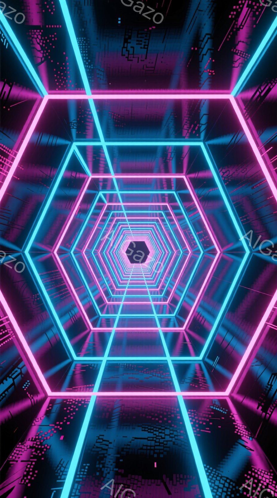 鮮やかなネオンピンクとターコイズブルーの光が、六角形のトンネルのような構造を形作っています。幾何学的な光線が奥行きを強調し、未来的なサイバー空間を彷彿とさせる、無限に続く錯視を作り出しています。背景は暗く、光のコントラストが際立ち、没入感のあるデジタルな雰囲気を醸し出しています。