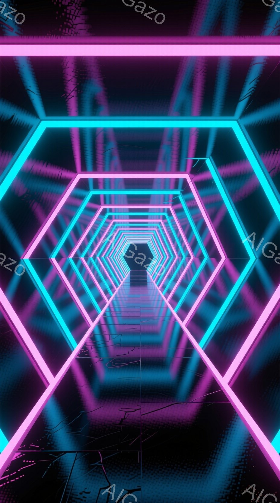 鮮やかなネオンピンクと青色の光が、六角形のトンネル状の空間を構成している。六角形が遠近法を利用して奥行きを強調し、光のラインが視線を奥へと引き込む。全体的に未来的な雰囲気で、サイバーパンクやデジタルアートを想起させるような視覚効果が印象的である。