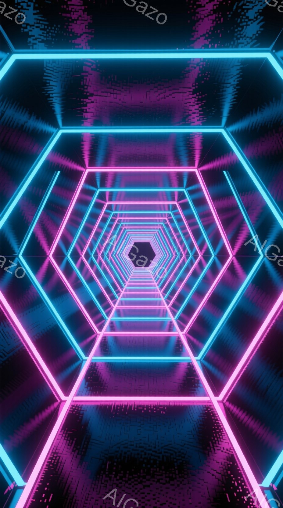この画像は、ネオンブルーとピンクの光で照らされた六角形のトンネルの無限ループを描いています。光線は遠近法を利用して収束し、未来的なサイバー空間の感覚を生み出しています。全体的に、鮮やかで没入感のあるデジタルアート作品で、無限の可能性と仮想現実を連想させます。