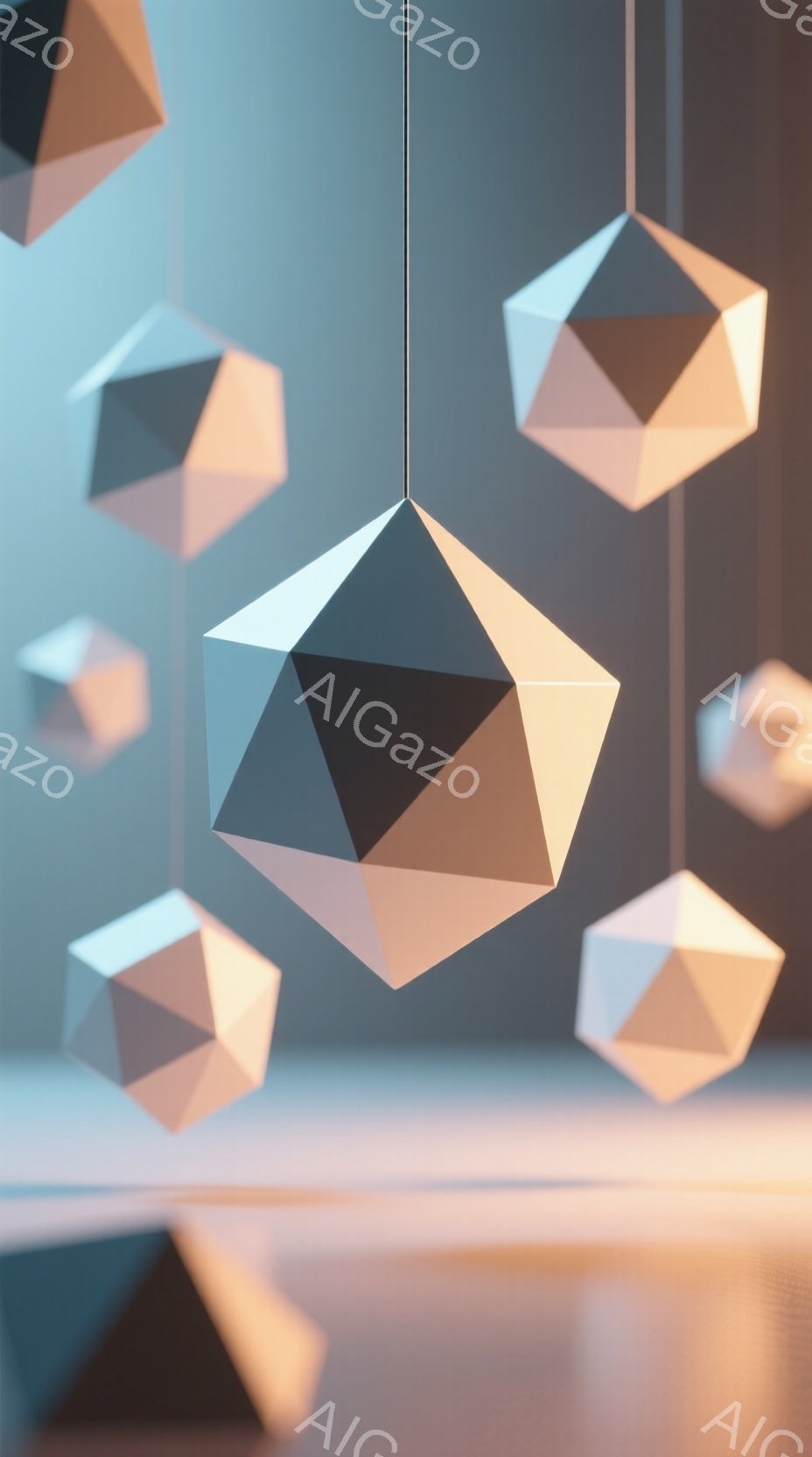 幾何学的な多面体が、半透明の糸で吊り下げられています。各多面体は、淡いオレンジ、グレー、白のグラデーションで彩られており、光を反射して柔らかい輝きを放っています。背景はぼやけたグレーで、全体的に落ち着いた、ミニマルな雰囲気を醸し出しています。