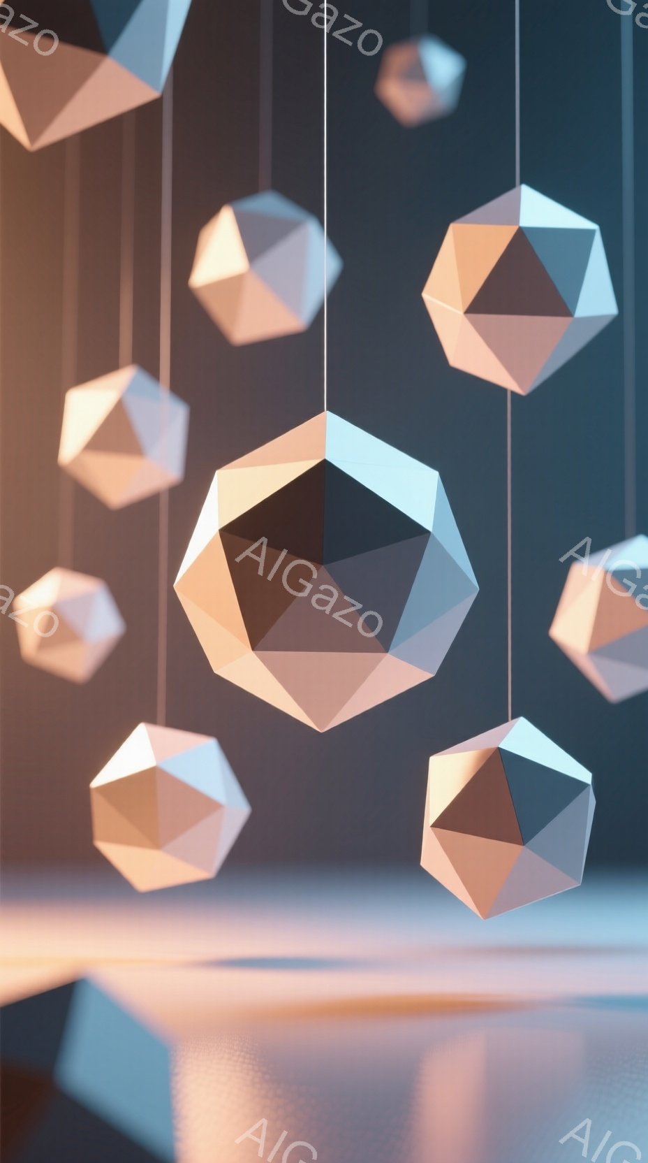 幾何学的な多面体が、白い糸で吊り下げられています。それぞれの多面体は、光沢のあるピンクとグレーのグラデーションで、まるで宝石のような輝きを放っています。背景は暗いグレーで、下部はぼんやりとしたオレンジ色の光が反射しており、全体的に幻想的でミニマルな雰囲気を醸し出しています。