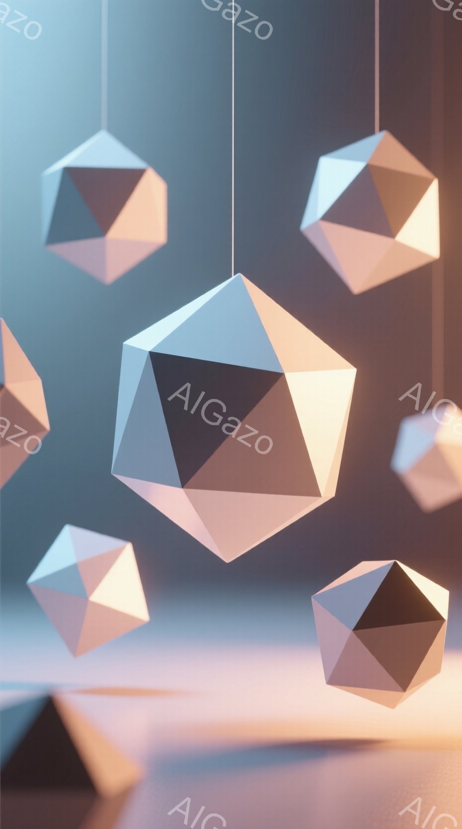 複数の多面体が、明るいグラデーションの背景に浮かんでいます。各多面体は、淡いピンク、白、グレーのニュアンスを持ち、光沢のある質感で表現されています。全体的に、柔らかく抽象的で、静かで瞑想的な雰囲気を醸し出しています。