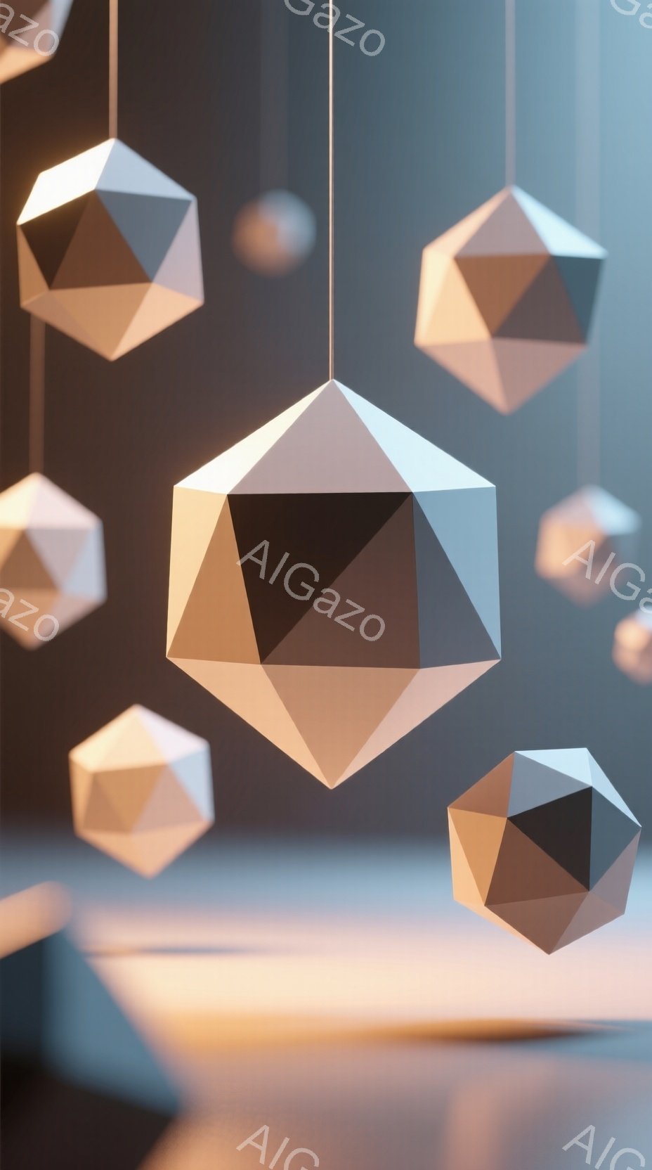 幾何学的な多面体が、糸で吊るされて空間に浮かんでいます。各多面体は、光沢のある金属のような質感で、内側には影が広がっています。背景はぼやけたグラデーションで、落ち着いた雰囲気を醸し出し、現代的なアート作品またはインテリアデザインのイメージを思わせます。