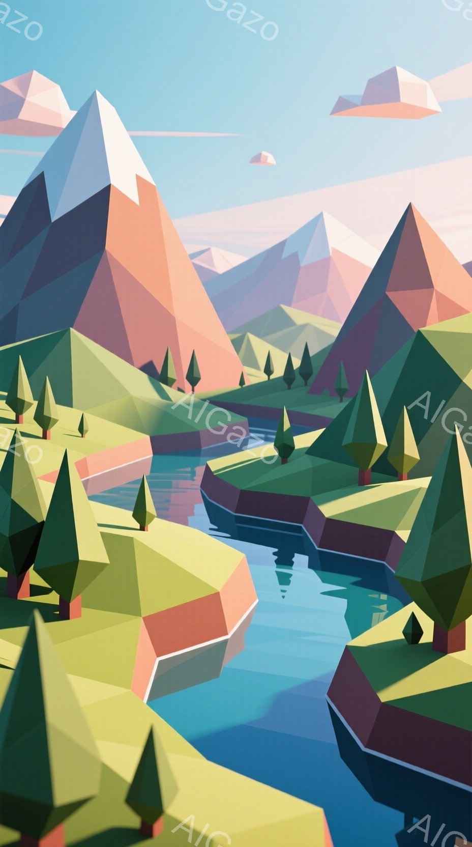 鮮やかな色彩で描かれた、幾何学的な山々と湖が広がる風景です。三角形を基調とした独特のデザインで、湖面には山々が反射し、穏やかな雰囲気を醸し出しています。背景には、明るい青空と白い雲が広がり、自然の美しさを強調しています。