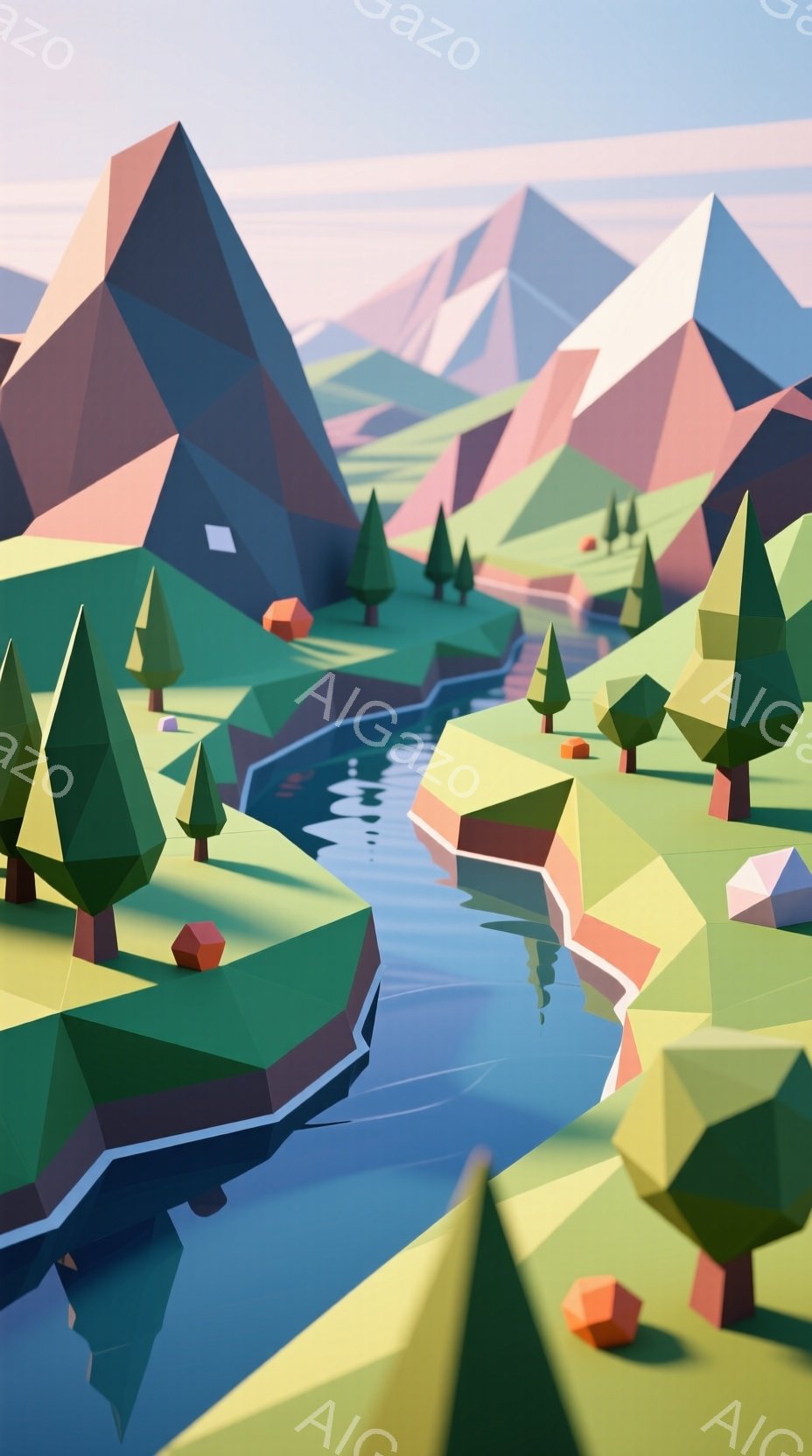 この画像は、幾何学的なポリゴンで構成された風景を描いています。緑、茶色、青の色調が優勢で、高い山々、なだらかな丘陵、そして蛇行する川が特徴です。全体的に穏やかで、夢のような、ミニチュアのような雰囲気を持っています。