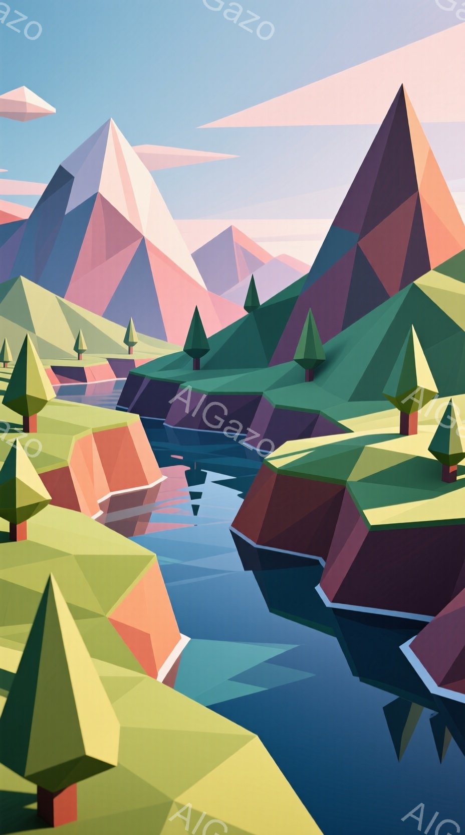 鮮やかな色彩で構成された、三角形を基調とした風景画です。緑、赤、紫などの多角形が組み合わさり、山々、川、そしてそれらを取り囲む地形が表現されています。全体的に抽象的で、幾何学的な美しさと、静かで穏やかな雰囲気が漂います。