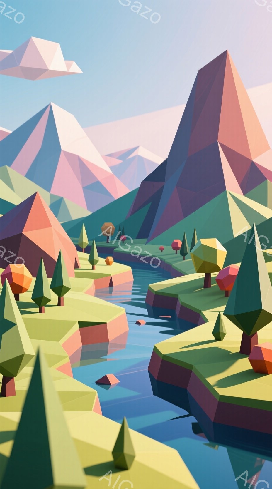 幾何学的な多角形で作られた風景画で、鮮やかな青色の川が緑とオレンジ色の起伏のある丘陵地帯を流れている。背景には、ピンクや紫がかった三角形の山々がそびえ立ち、空は淡い水色で、全体的に穏やかで夢幻的な雰囲気を醸し出している。このミニマルな構図は、自然の風景を抽象的に表現しており、暖色と寒色のコントラストが美しい。