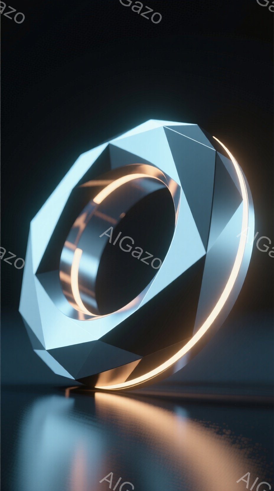 鮮やかなオレンジ色の光が内側を照らす、多面体で構成されたリング状のオブジェクトが印象的です。滑らかな反射面が、光を捉え、周囲の暗い背景にぼんやりとしたオレンジ色の反射を作り出しています。 全体的に、未来的でミニマルな雰囲気を醸し出しており、テクノロジーやデザインの世界観を表現しているように見えます。