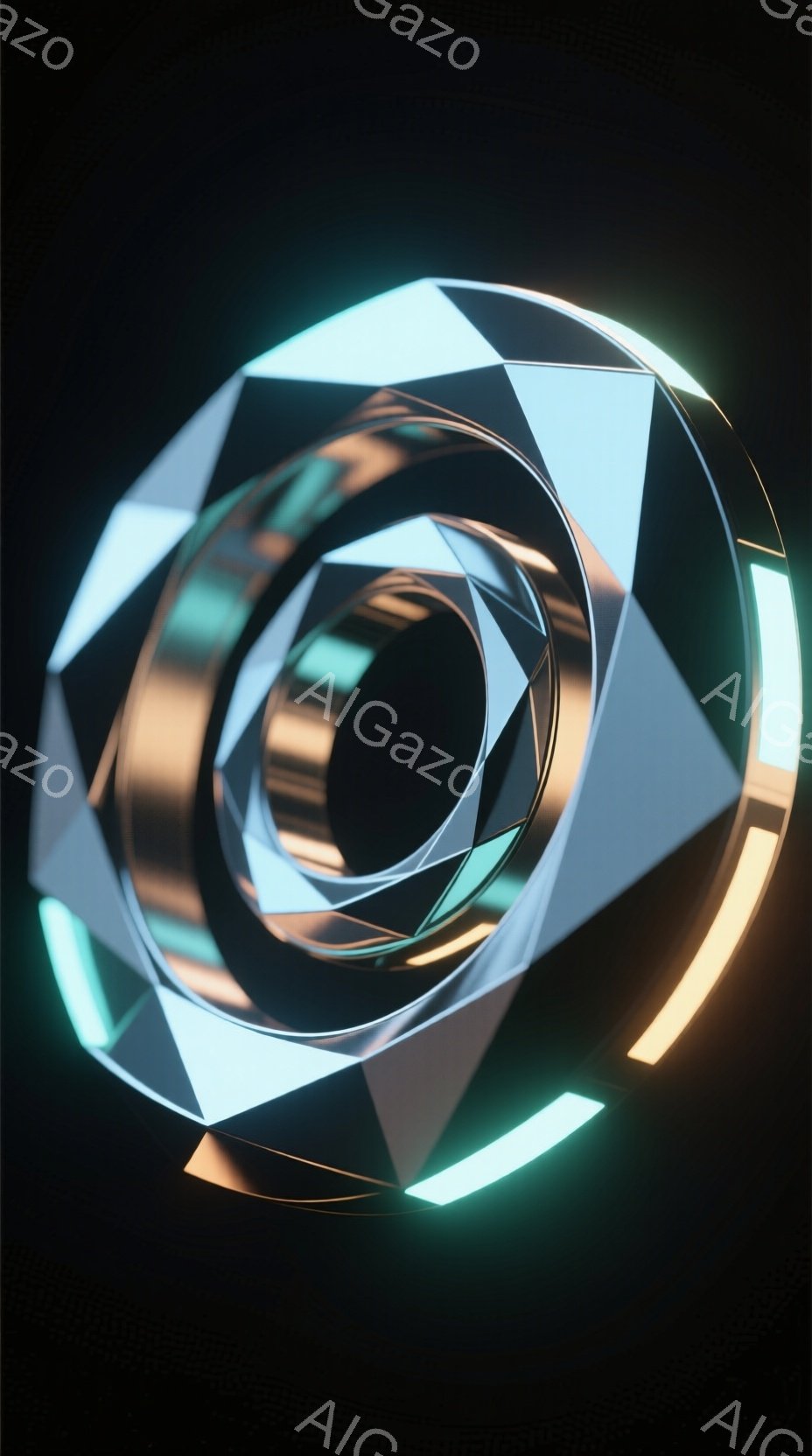 複雑な構造を持つ、光沢のある金属製の螺旋状のオブジェクトが特徴的です。内側から外側に向かって徐々に大きくなる螺旋は、鮮やかなオレンジとターコイズブルーの光で強調されています。暗い背景が、この未来的なデ - AI生成フリー素材