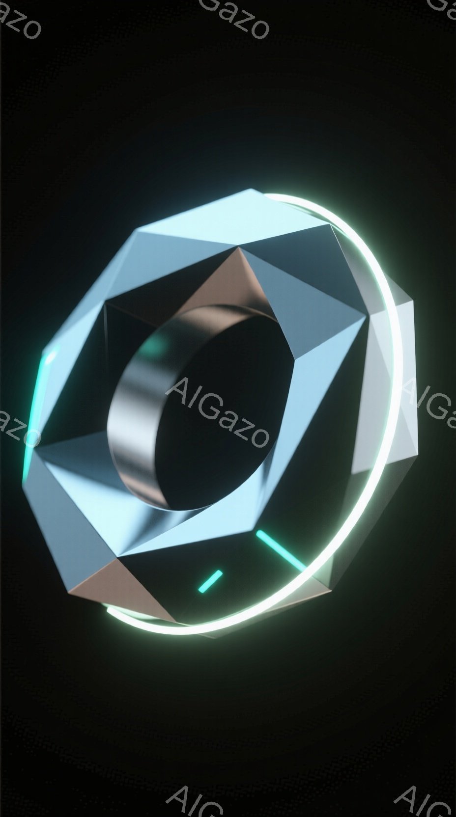 この画像は、黒い背景に浮かぶ、幾何学的な金属製のリングの３Dレンダリングです。リングは多角形で構成され、光沢のある金属質で、内側には暗い空洞があります。周囲には、青緑色のネオンライトがリングを囲むように配置され、未来的な印象を与えています。