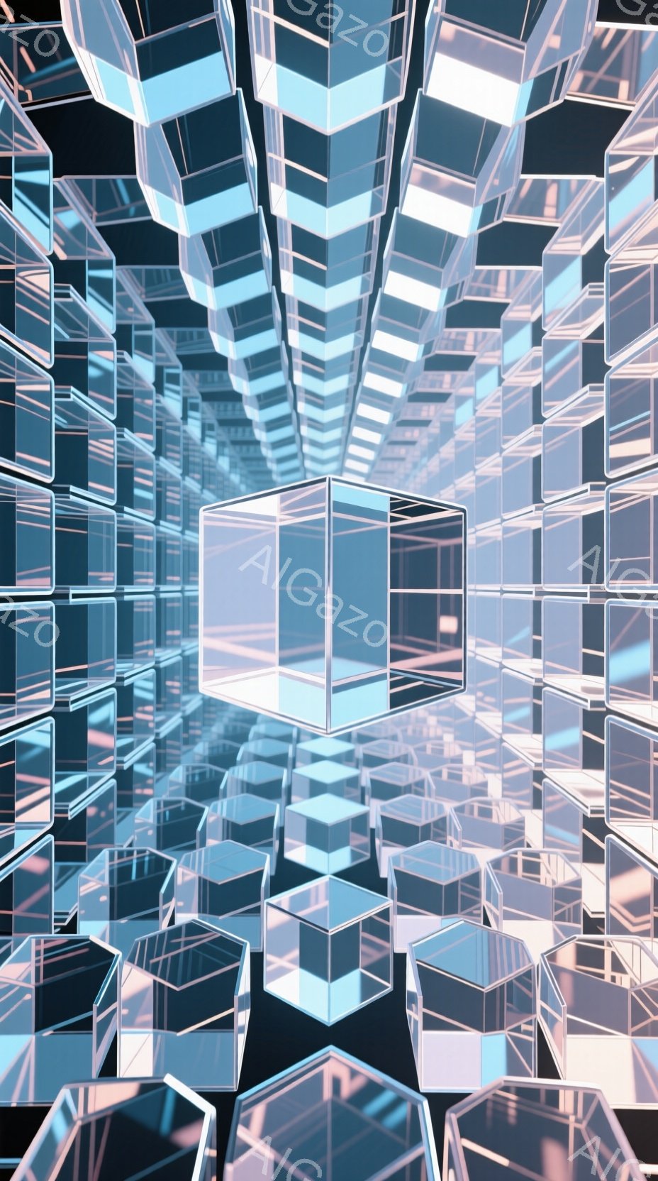 この画像は、無数の透明な立方体が空間全体に規則的に配置された、無限に続く迷路のような構造を描いています。立方体は光を反射し、幻想的で未来的な雰囲気を醸し出しており、奥行きと遠近感が強調されています。全体的に冷たく、幾何学的で、夢のような抽象的な空間が表現されています。