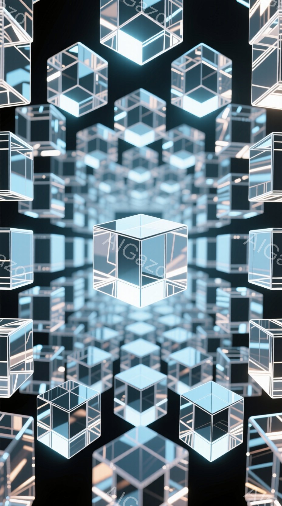 画像は、無数の半透明の立方体が空間全体に浮かび、複雑な迷路のような構造を形成しています。立方体は発光しており、薄青色から白色のグラデーションが未来的な印象を与え、暗い背景とのコントラストが際立っています。全体として、この画像は夢の中のような、あるいはデジタル空間のような、幻想的で没入感のある雰囲気を作り出しています。