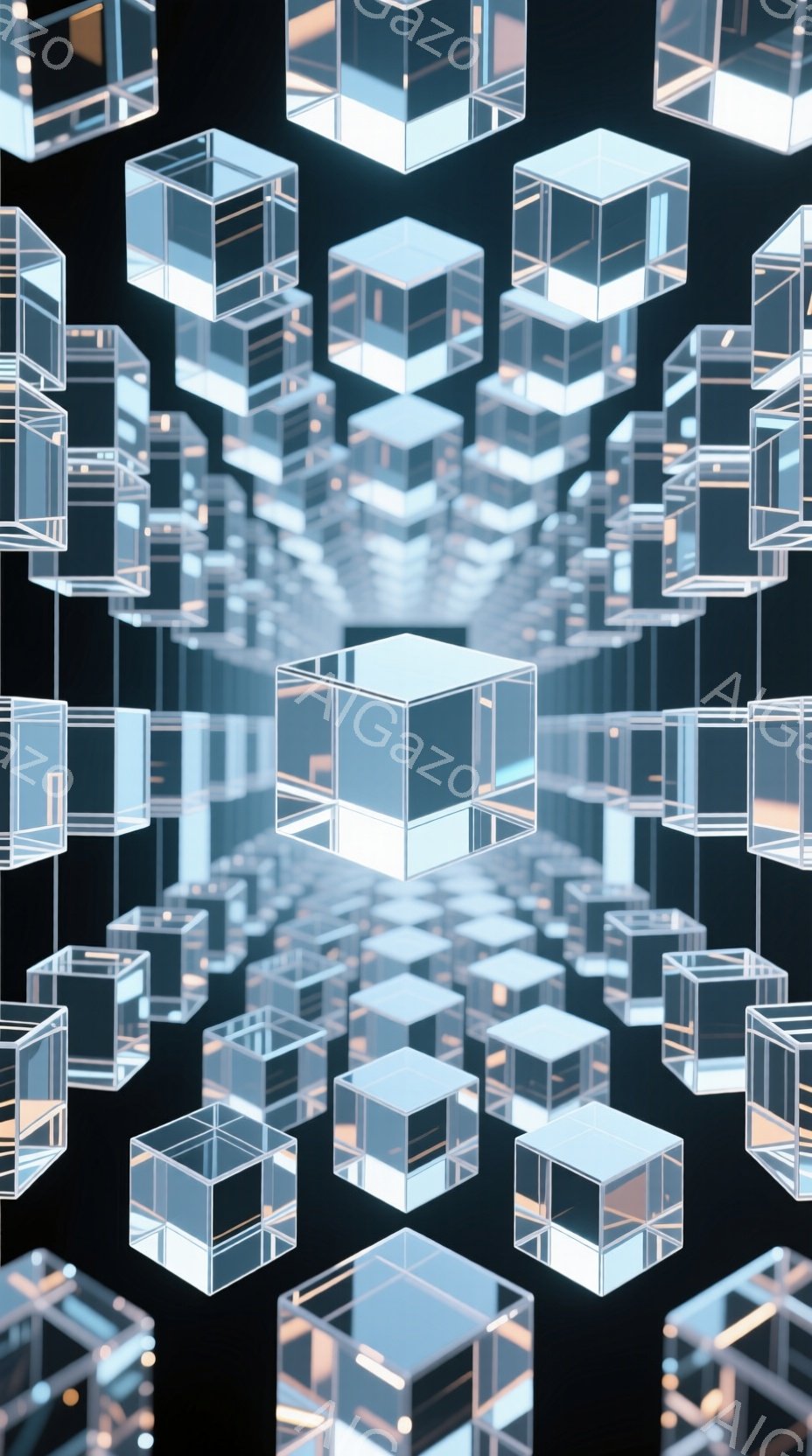 この画像は、透明な立方体が無限に広がるトンネルのような空間を描いています。立方体は光を反射し、内部に複雑な構造が見え、まるで未来的な迷路のようです。全体的に冷たく、神秘的で、奥行きを感じさせる雰囲気です。