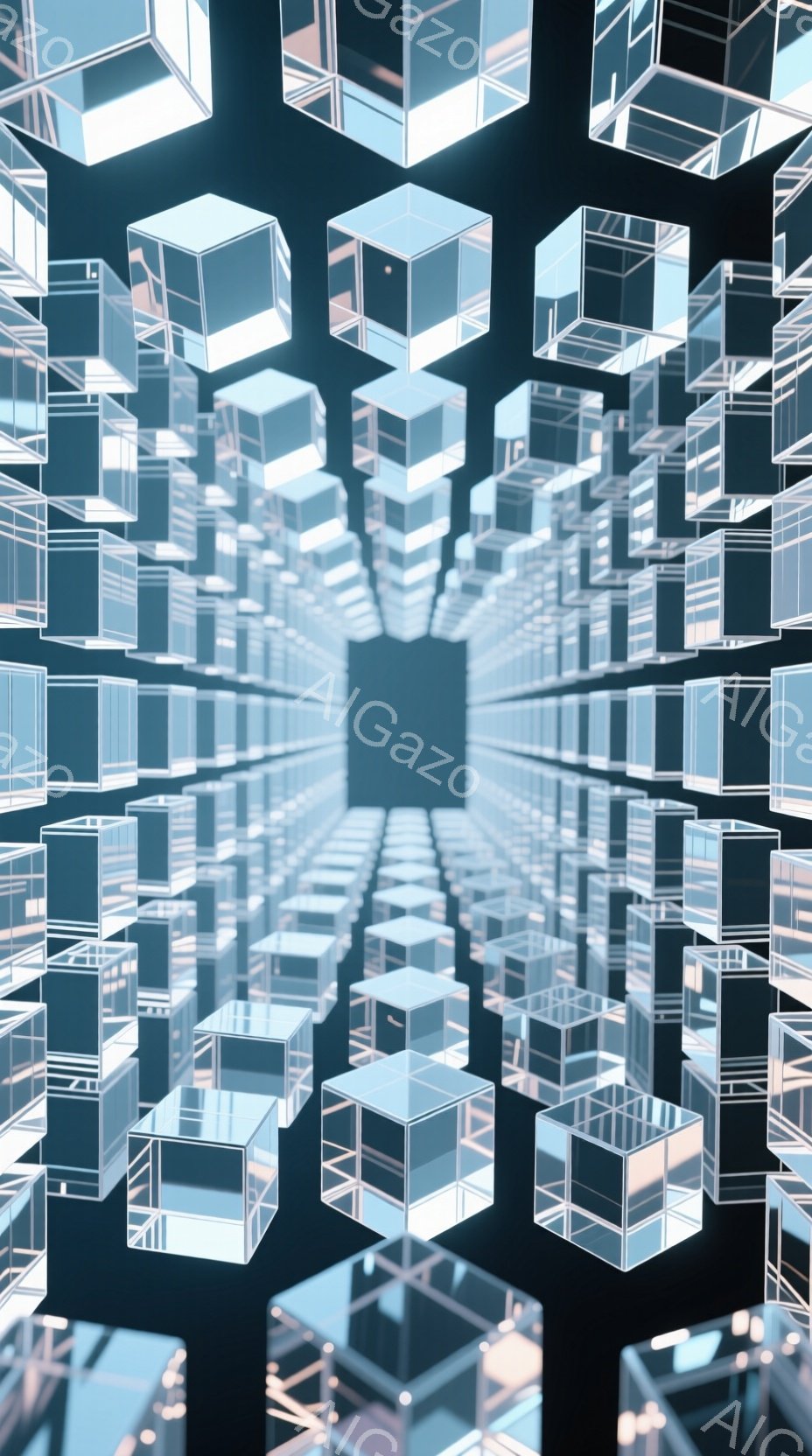 画像は、無数の透明な立方体が遠近法を利用してトンネルのように配置された、未来的な空間を描いています。立方体は光を反射し、奥行きと複雑さを生み出し、中央には暗い空間が広がっています。全体的に、洗練された、幾何学的で、夢のような雰囲気を醸し出しています。