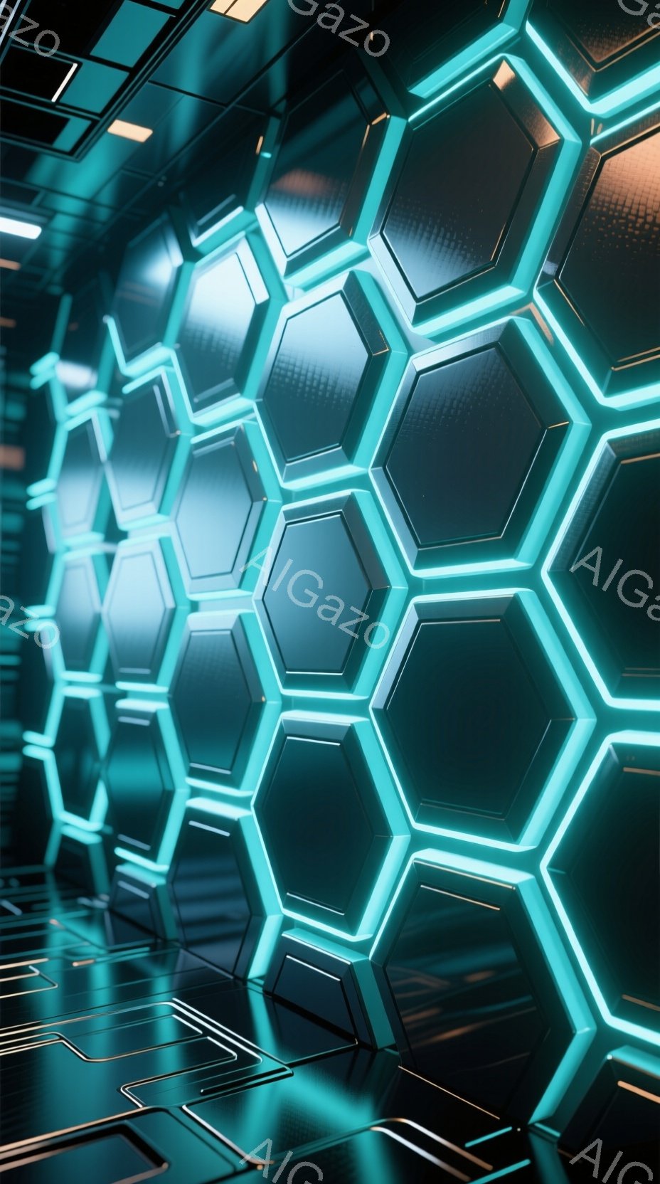 この画像は、未来的なトンネルまたは通路の内部を示しています。壁は、発光するターコイズブルーの縁取りがされた黒い六角形のパネルで構成されており、未来的なテクノロジーやサイバーパンクの雰囲気を醸し出しています。床面は光沢のある反射面で、パネルからの光を反射し、奥行きと不思議な感覚を生み出しています。