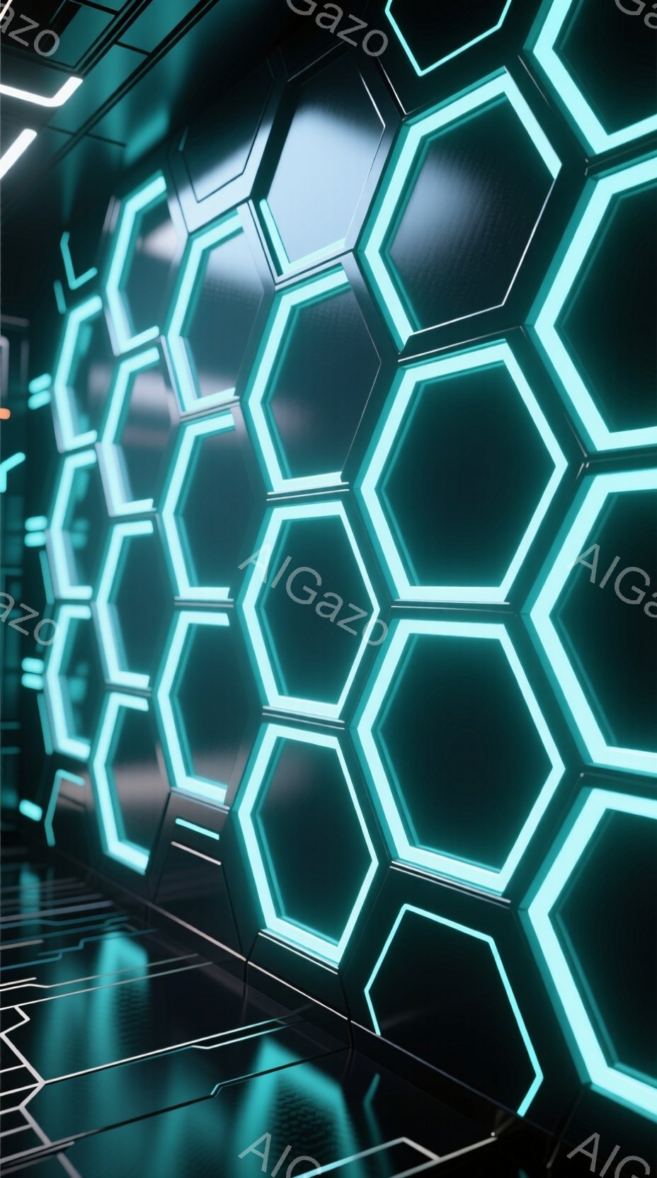 この画像は、蛍光緑色の六角形が壁面を覆い、未来的なトンネルのような空間を描いています。六角形は立体的に配置され、光が内側から発せられているように見え、SF映画のような雰囲気を作り出しています。床面は反 - AI生成フリー素材