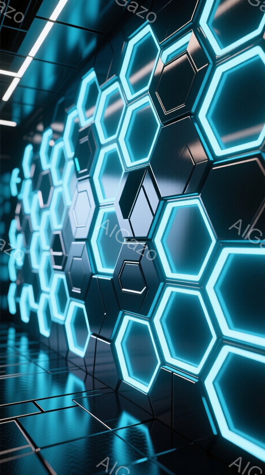 この画像は、未来的なトンネルまたは通路の内部を示しており、壁面は六角形のパネルで構成されています。パネルは暗い色調で、鮮やかな青色の光で縁取られており、反射的な床面がその光を反射して奥行きのある視覚効果を生み出しています。全体的に、この画像は技術的で洗練された雰囲気であり、サイバーパンクやSFの世界観を彷彿とさせます。