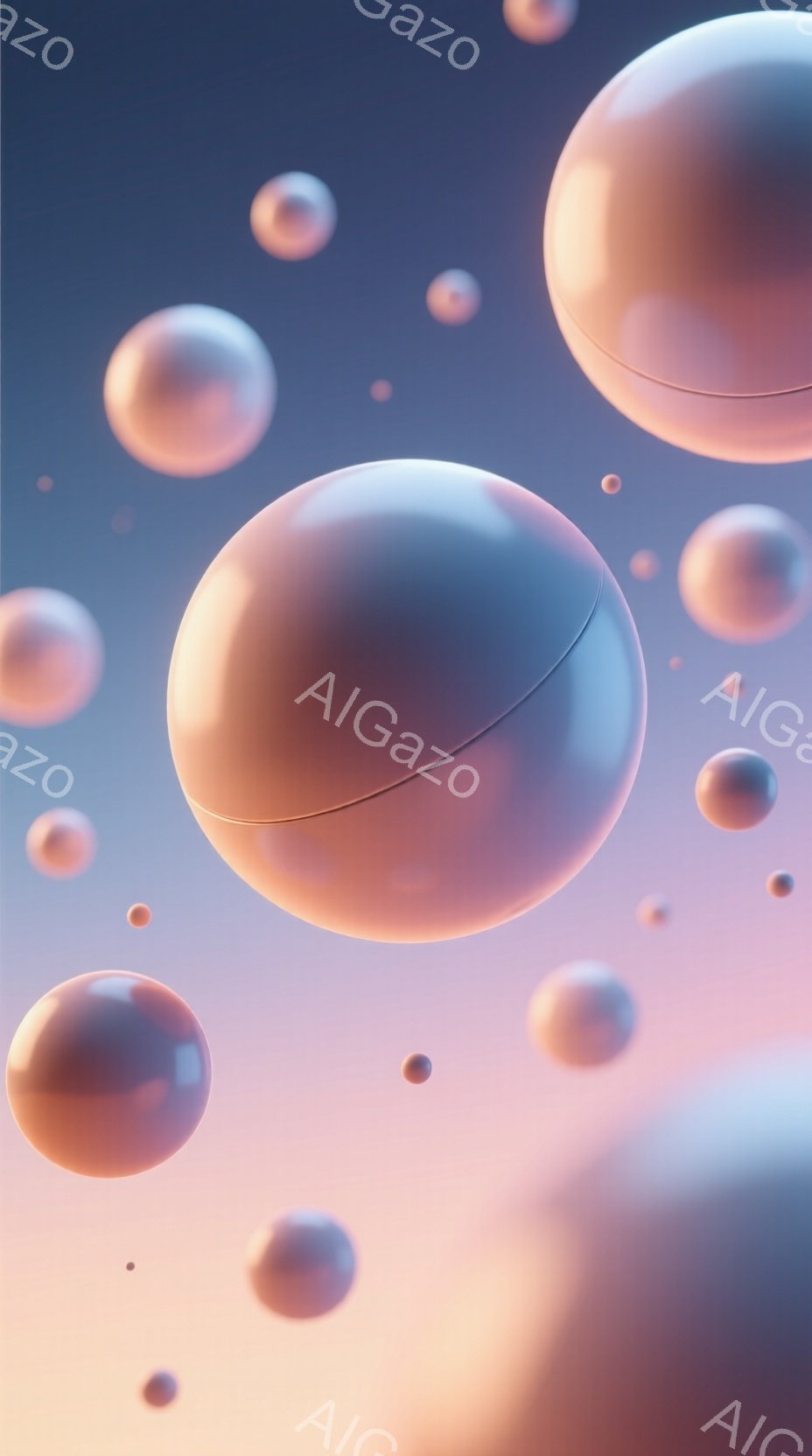 鮮やかなグラデーションの背景に、様々な大きさの光沢のある球体が浮かんでいます。球体はピンク、オレンジ、水色のニュアンスを持ち、光の反射が美しく、浮遊感があります。全体的に柔らかく夢幻的な雰囲気で、抽象的なアート作品のようです。