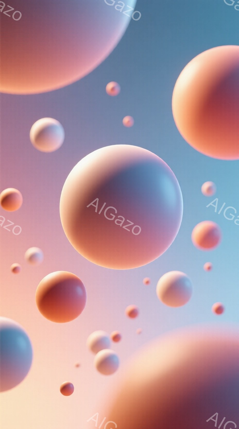 鮮やかなピンクとオレンジ色の球体が、淡い青色の背景に浮かんでいます。球体は様々な大きさで、光沢があり、まるで泡や惑星のように見えます。全体的に柔らかく、夢幻的な雰囲気で、まるで宇宙空間のような奥行きを感じさせます。