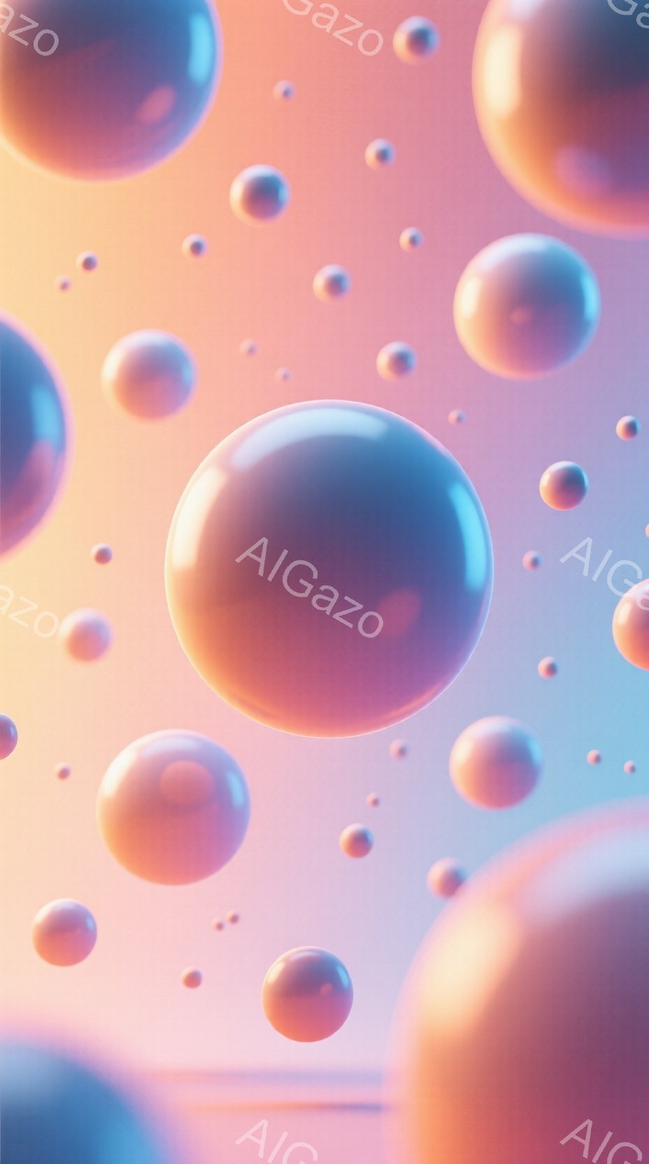 この画像は、様々なサイズの光沢のある球体が、淡いピンクと青のグラデーションの背景に浮かんでいる様子を描いています。球体はそれぞれ異なる色合いを持ち、光を反射してキラキラと輝き、まるで泡のように軽やかな - AI生成フリー素材