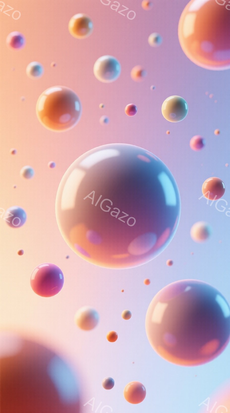鮮やかな色彩の球体が、淡いピンクと水色のグラデーションの背景に浮かび上がっています。球体は様々な大きさで、光沢があり、まるで泡やシャボン玉のように見えます。全体的に柔らかく、夢幻的な雰囲気を醸し出しており、温かさと軽やかさが感じられます。
